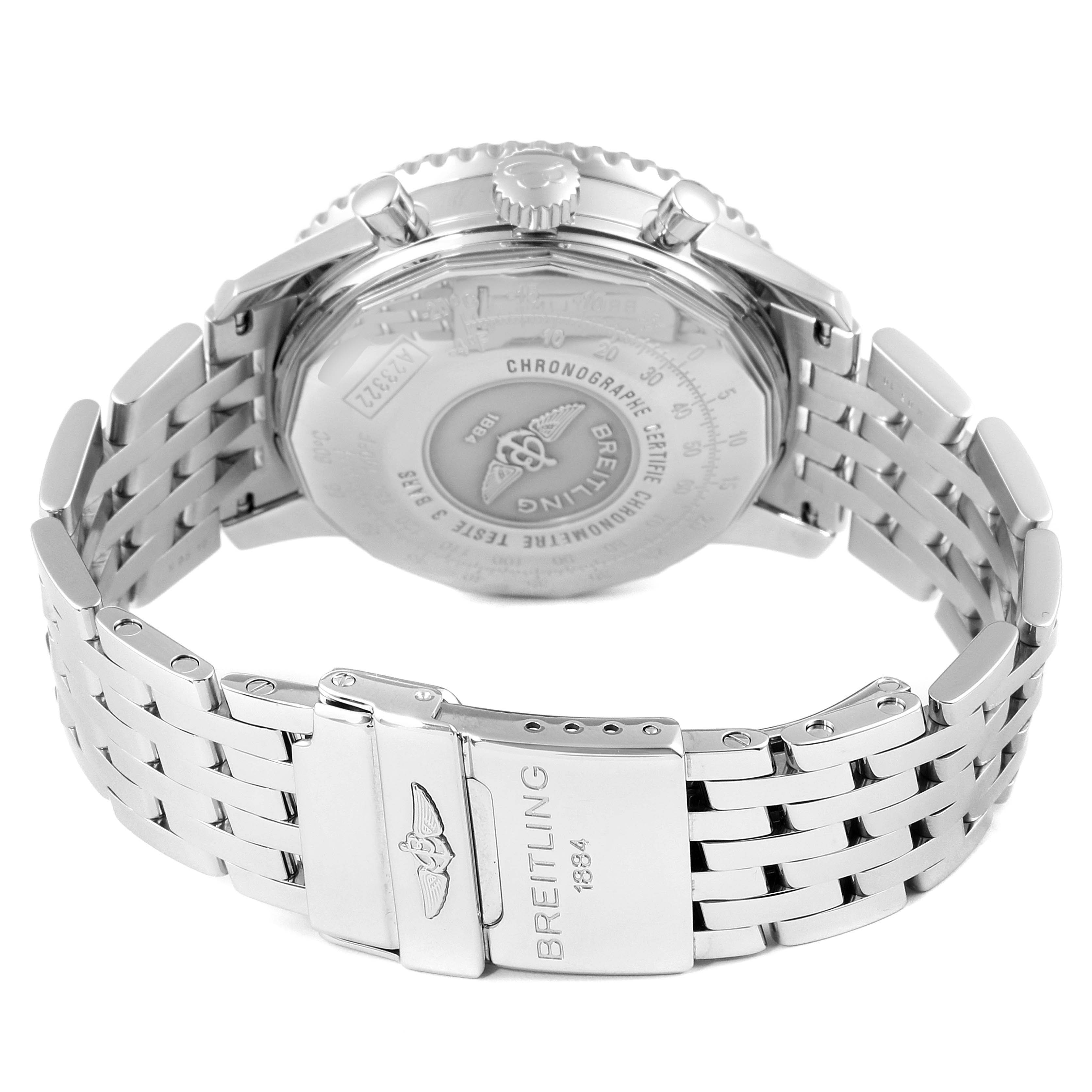 This image shows the back case and metal bracelet of a Breitling Navitimer A23322 Men's Stainless Steel Black Dial A23322 Men's Stainless Steel Black Dial watch from a rear angle.