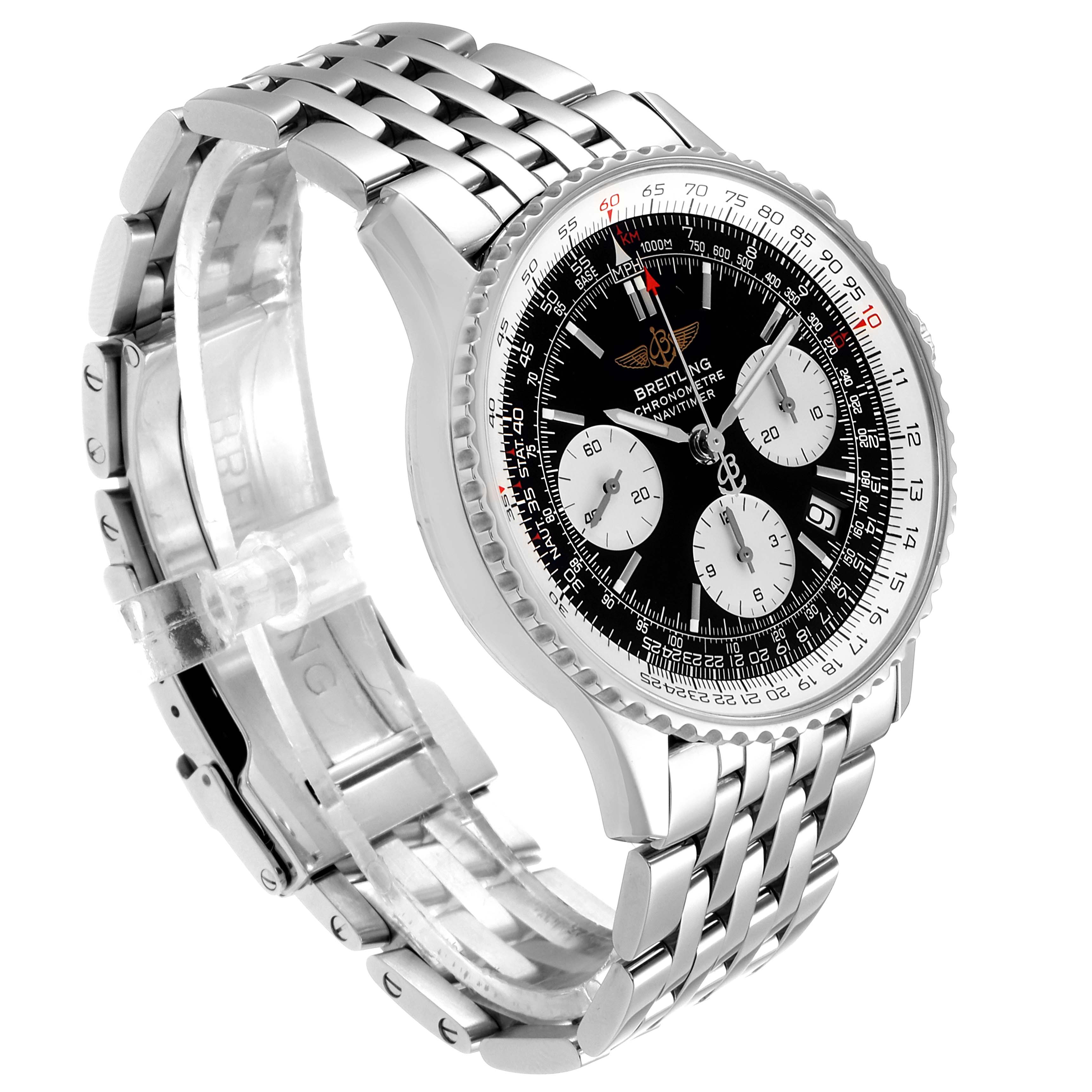 The image shows a Breitling Navitimer A23322 Men's Stainless Steel Black Dial A23322 Men's Stainless Steel Black Dial watch angled from the front left, highlighting the dial, bezel, and metal bracelet.