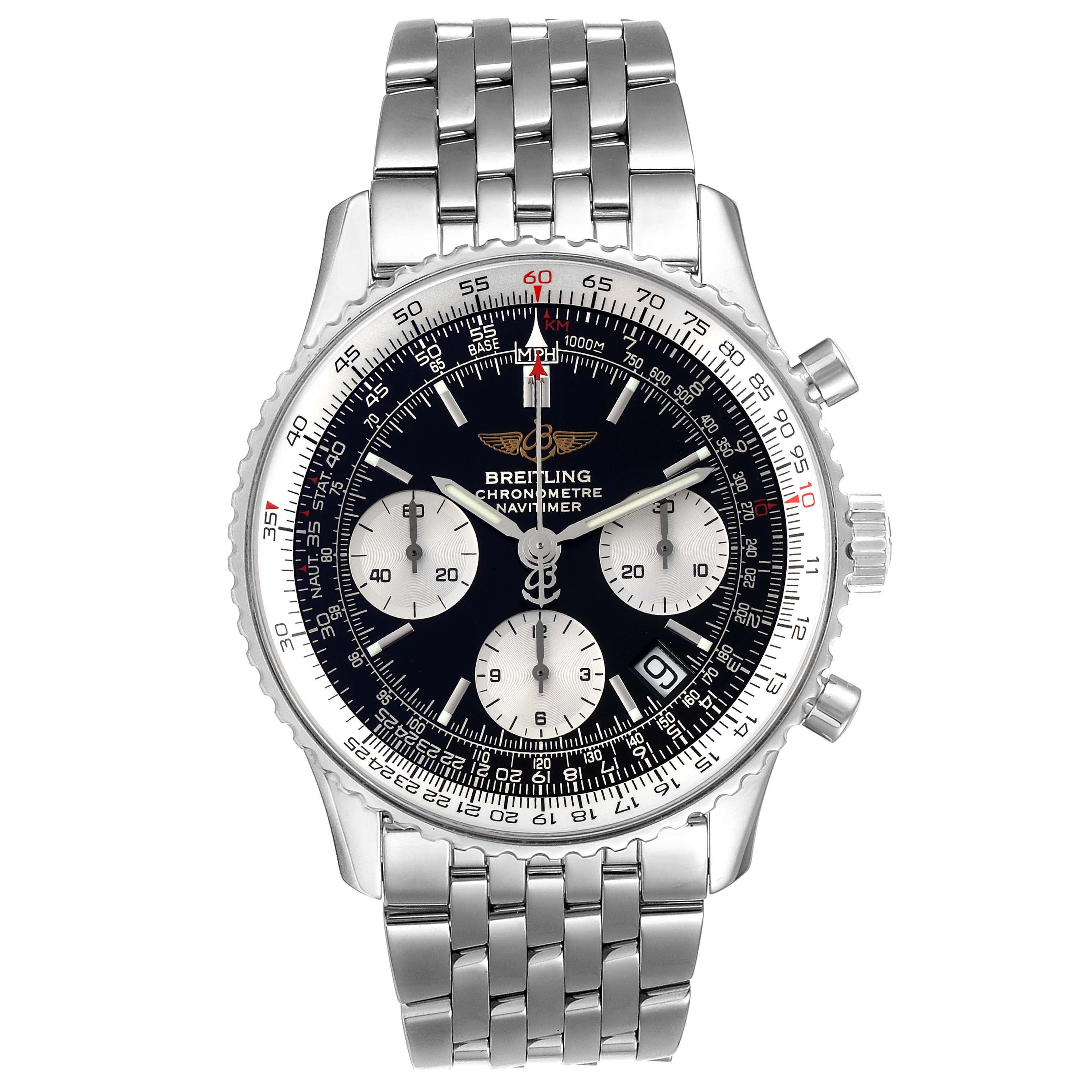 The image shows a front view of the Breitling Navitimer A23322 Men's Stainless Steel Black Dial A23322 Men's Stainless Steel Black Dial watch, displaying its face, bezel, and stainless steel bracelet.