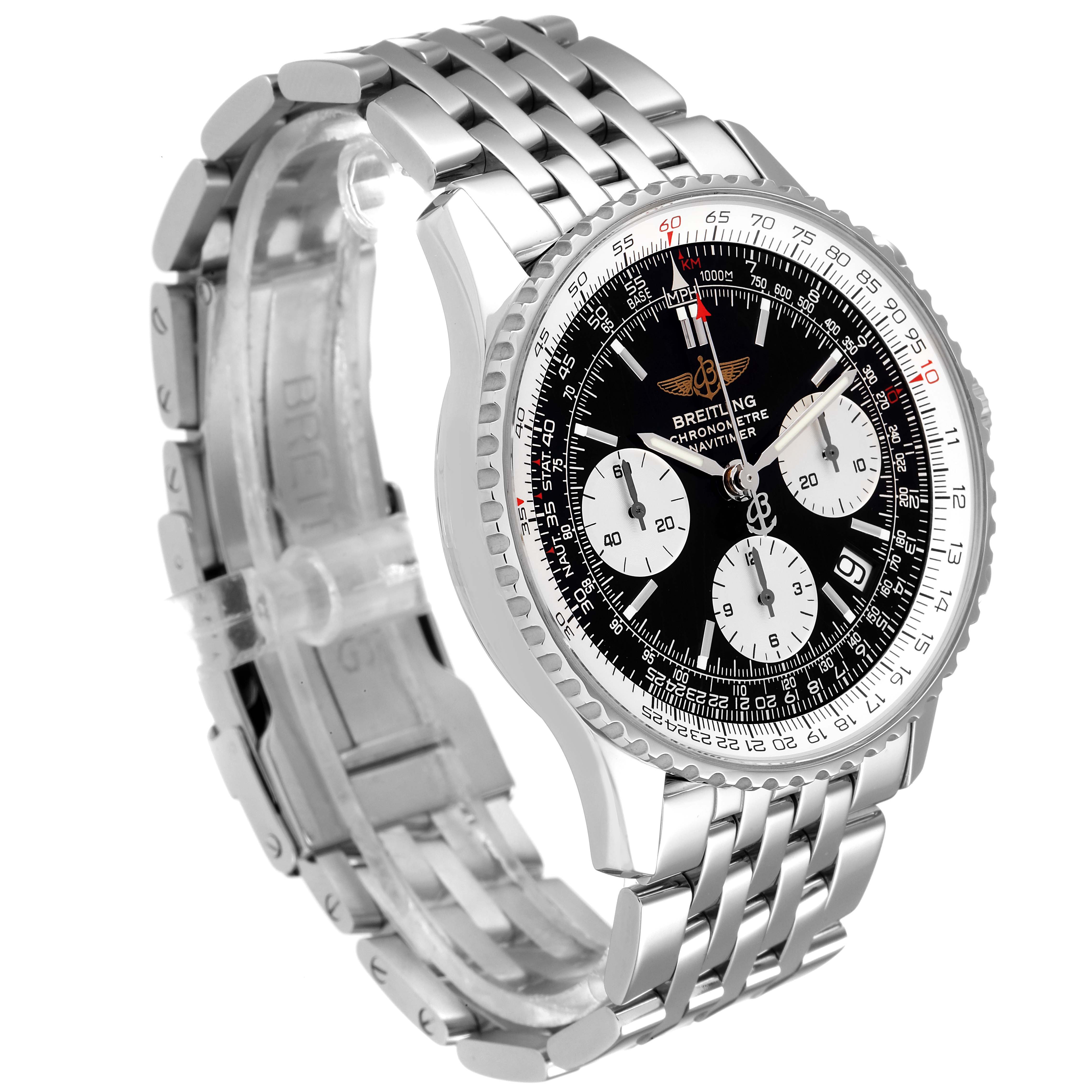 The image shows a Breitling Navitimer A23322 Men's Stainless Steel Black Dial A23322 Men's Stainless Steel Black Dial watch at an angled view, featuring its face, bezel, and linked metal bracelet.