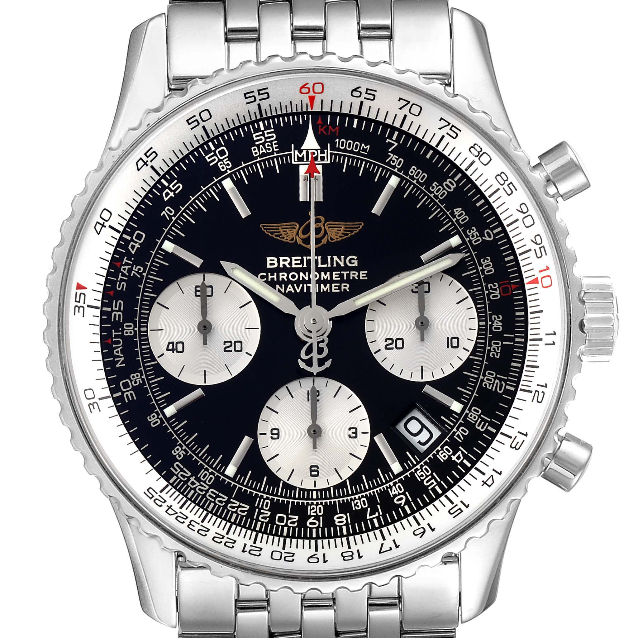 This image shows a frontal view of a Breitling Navitimer A23322 Men's Stainless Steel Black Dial A23322 Men's Stainless Steel Black Dial watch, highlighting its bezel, sub-dials, and bracelet.