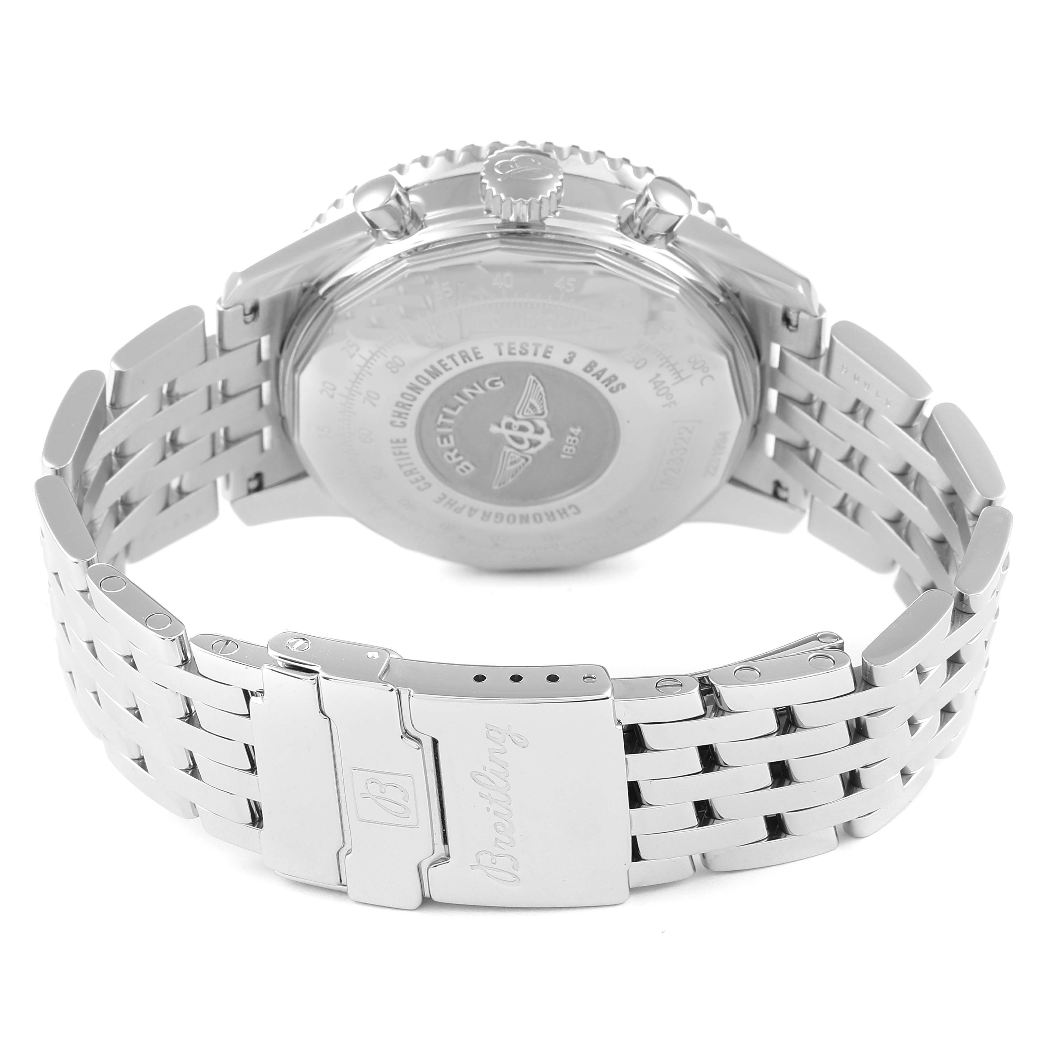 This image shows the back side and clasp of a Breitling Navitimer A23322 Men's Stainless Steel Black Dial A23322 Men's Stainless Steel Black Dial watch, emphasizing the bracelet and engraved case back.