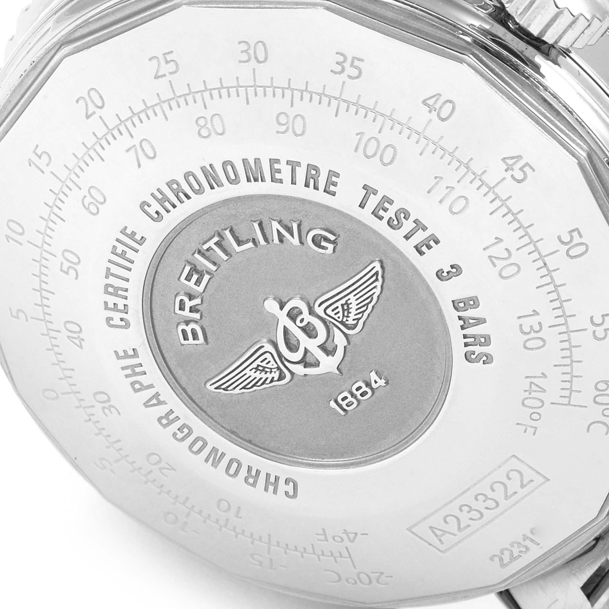 The image shows the case back of a Breitling Navitimer A23322 Men's Stainless Steel Black Dial A23322 Men's Stainless Steel Black Dial watch, displaying its chronometer certification and logo.