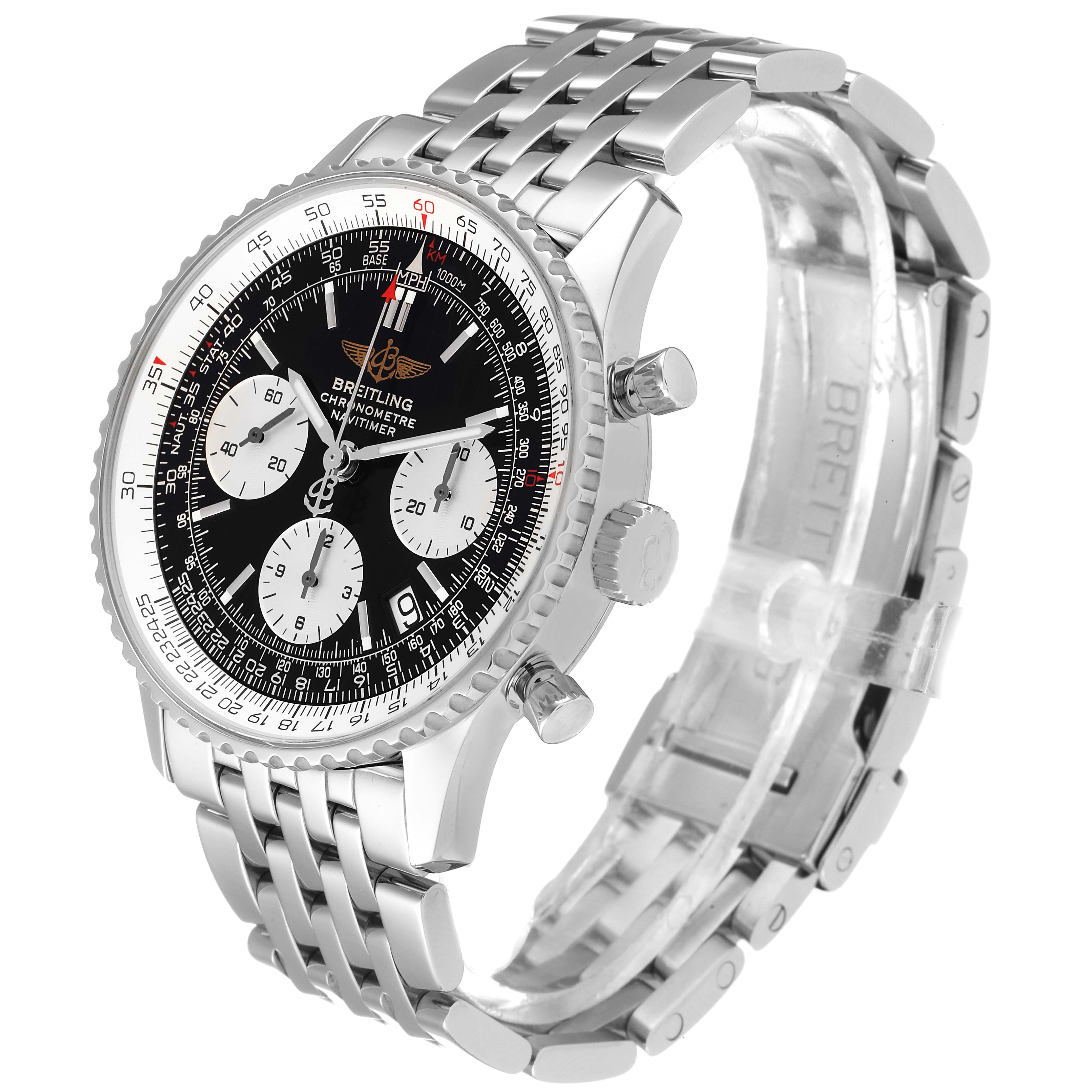 The Breitling Navitimer A23322 Men's Stainless Steel Black Dial A23322 Men's Stainless Steel Black Dial watch is shown from an angle highlighting the face, bezel, and stainless steel bracelet.