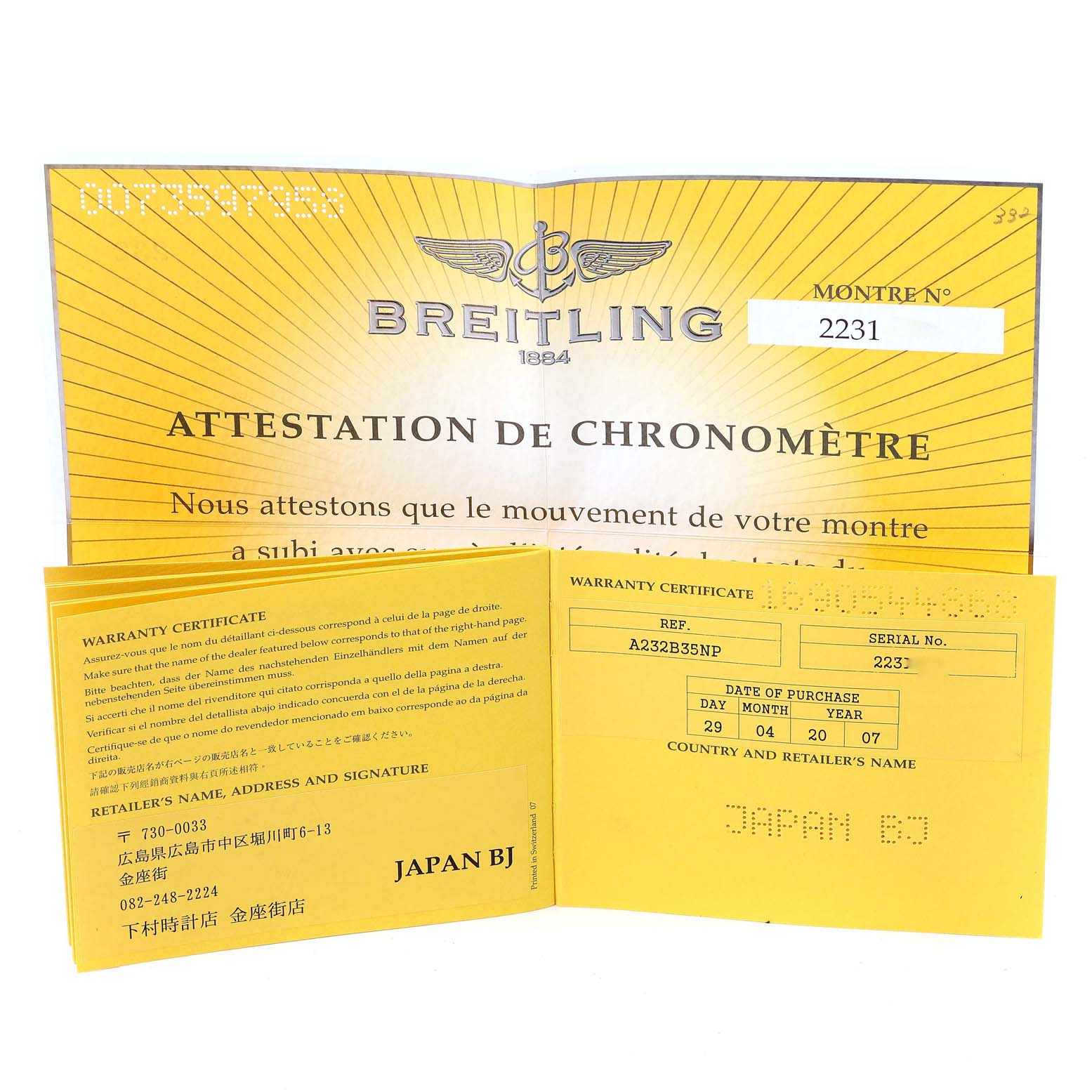 The image shows the warranty certificate and chronometer attestation documents for a Breitling Navitimer A23322 Men's Stainless Steel Black Dial A23322 Men's Stainless Steel Black Dial watch.