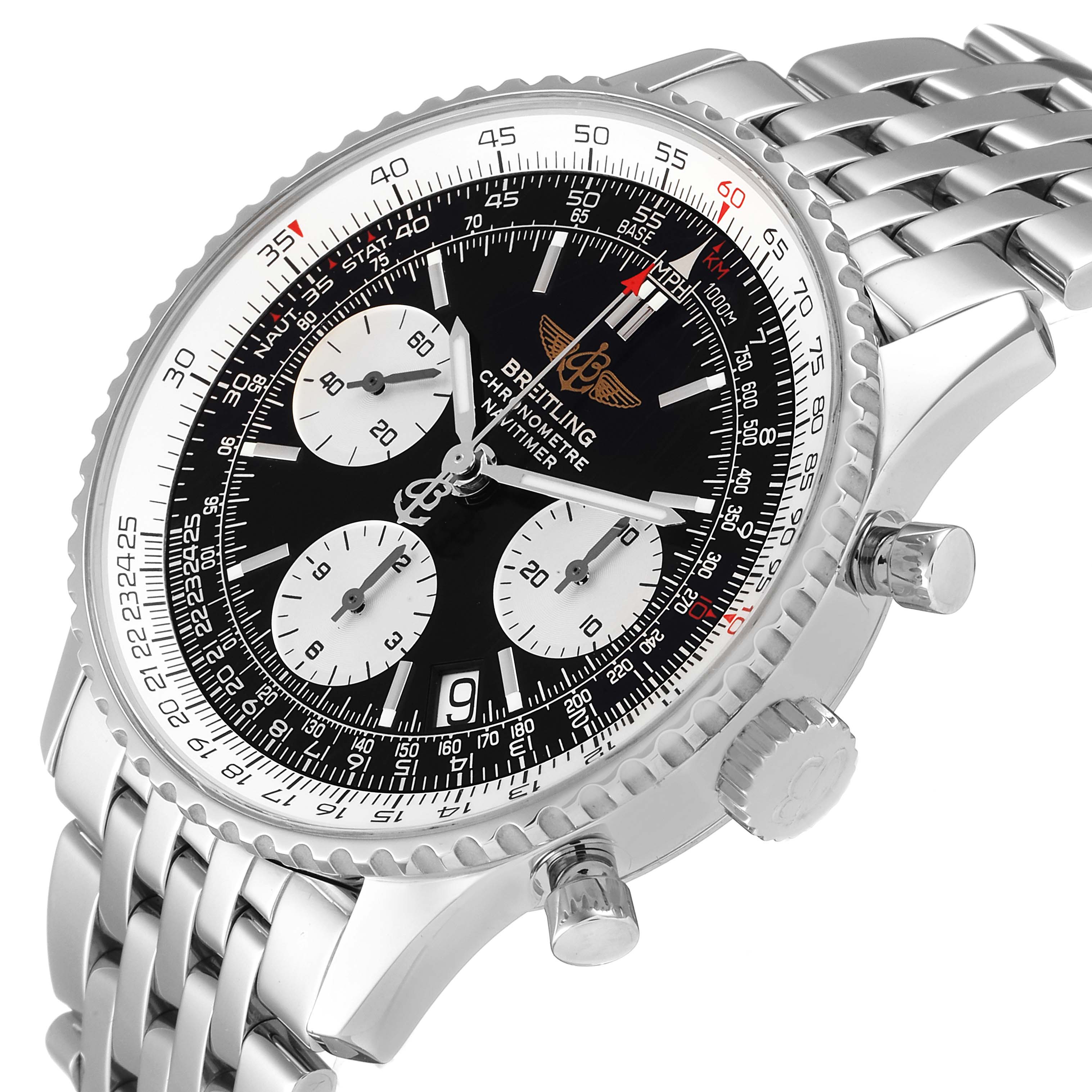 This Breitling Navitimer A23322 Men's Stainless Steel Black Dial A23322 Men's Stainless Steel Black Dial watch is shown at a three-quarter angle, displaying the case, dial, chronograph subdials, bezel, crown, and bracelet.