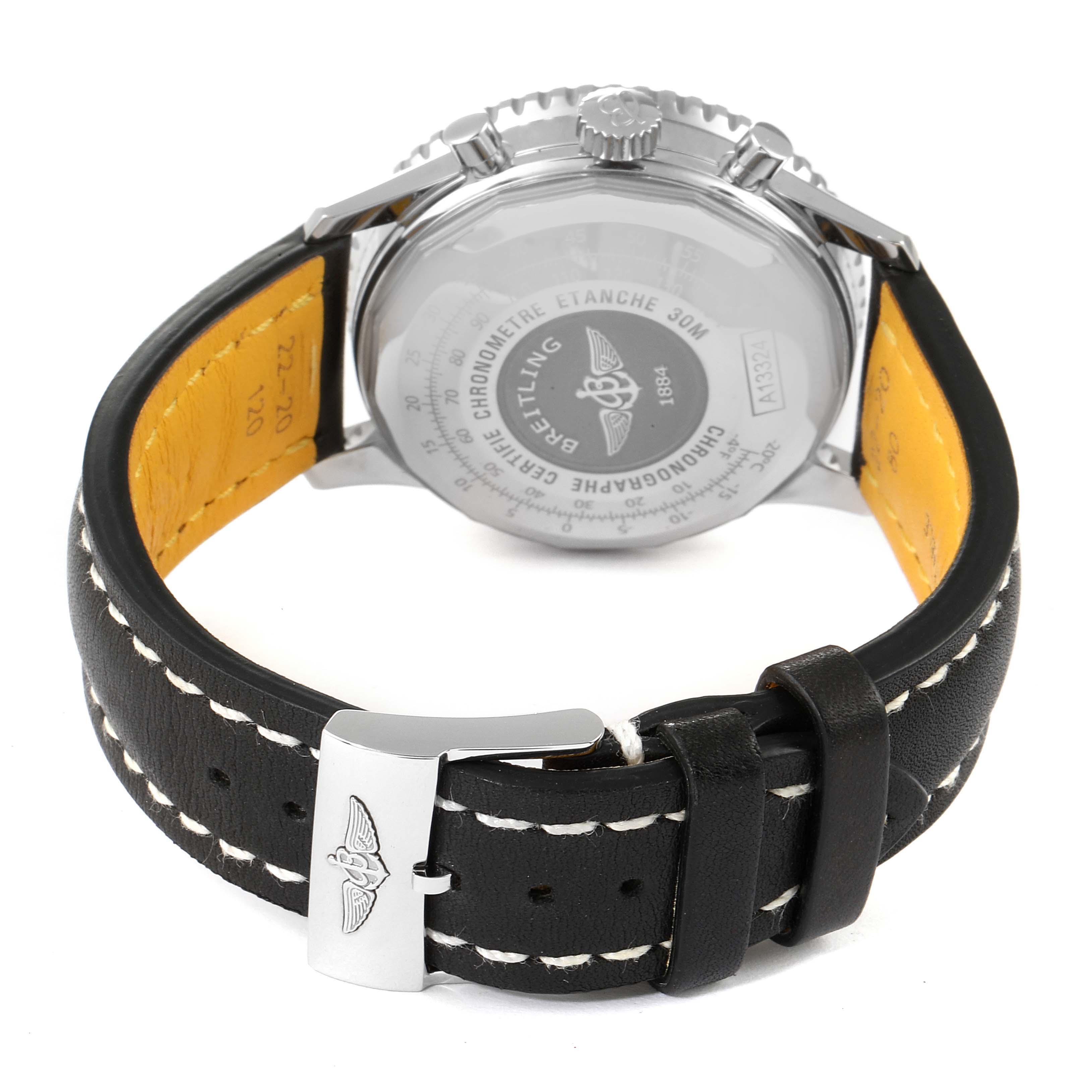 The image shows the back case and leather strap of a Breitling Navitimer A13324 Men
s Stainless Steel Black Dial A13324 Men
s Stainless Steel Black Dial watch with visible branding and stitching details.