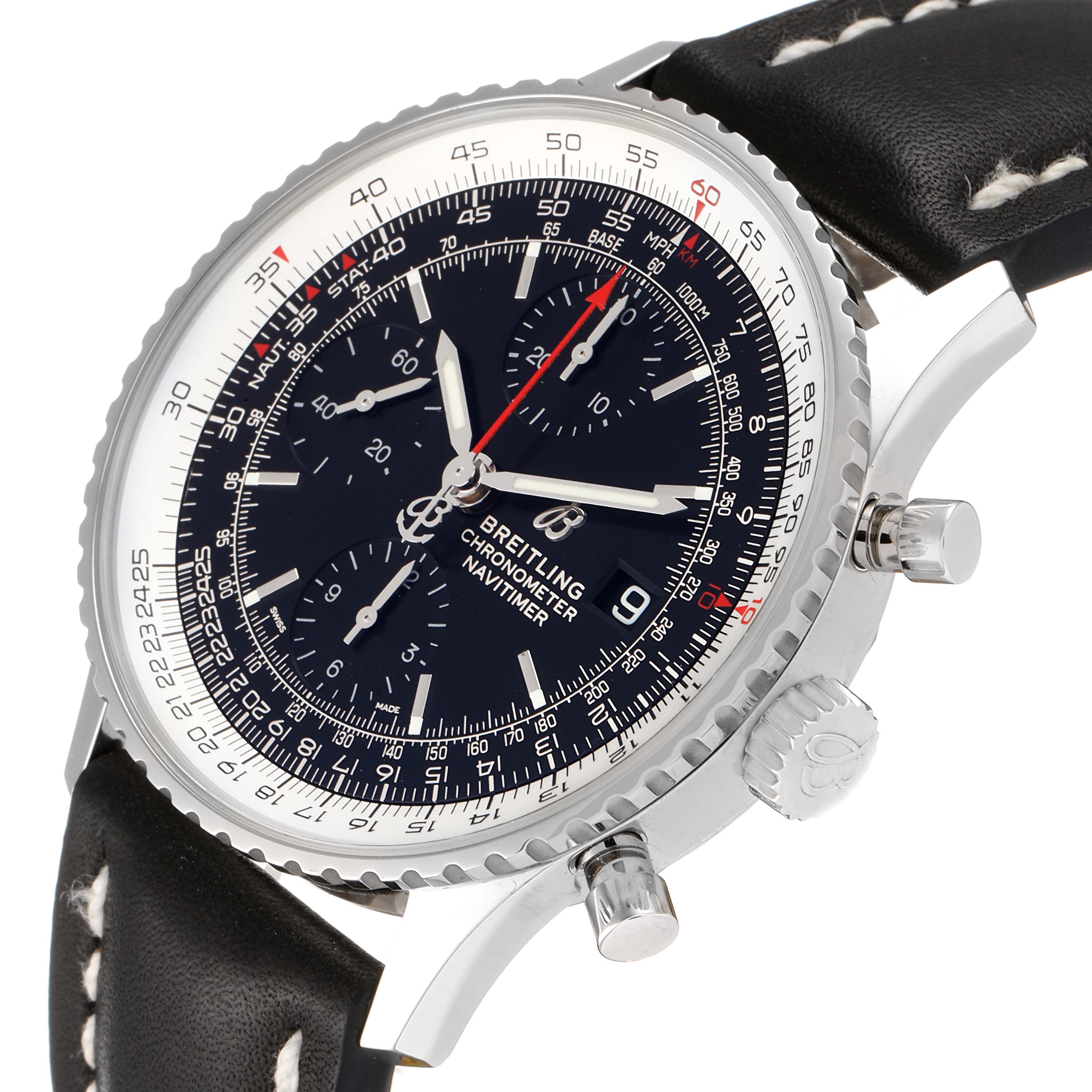 The image shows a Breitling Navitimer A13324 Men
s Stainless Steel Black Dial A13324 Men
s Stainless Steel Black Dial watch at a slight angle, highlighting the face, bezel, crown, and leather strap.