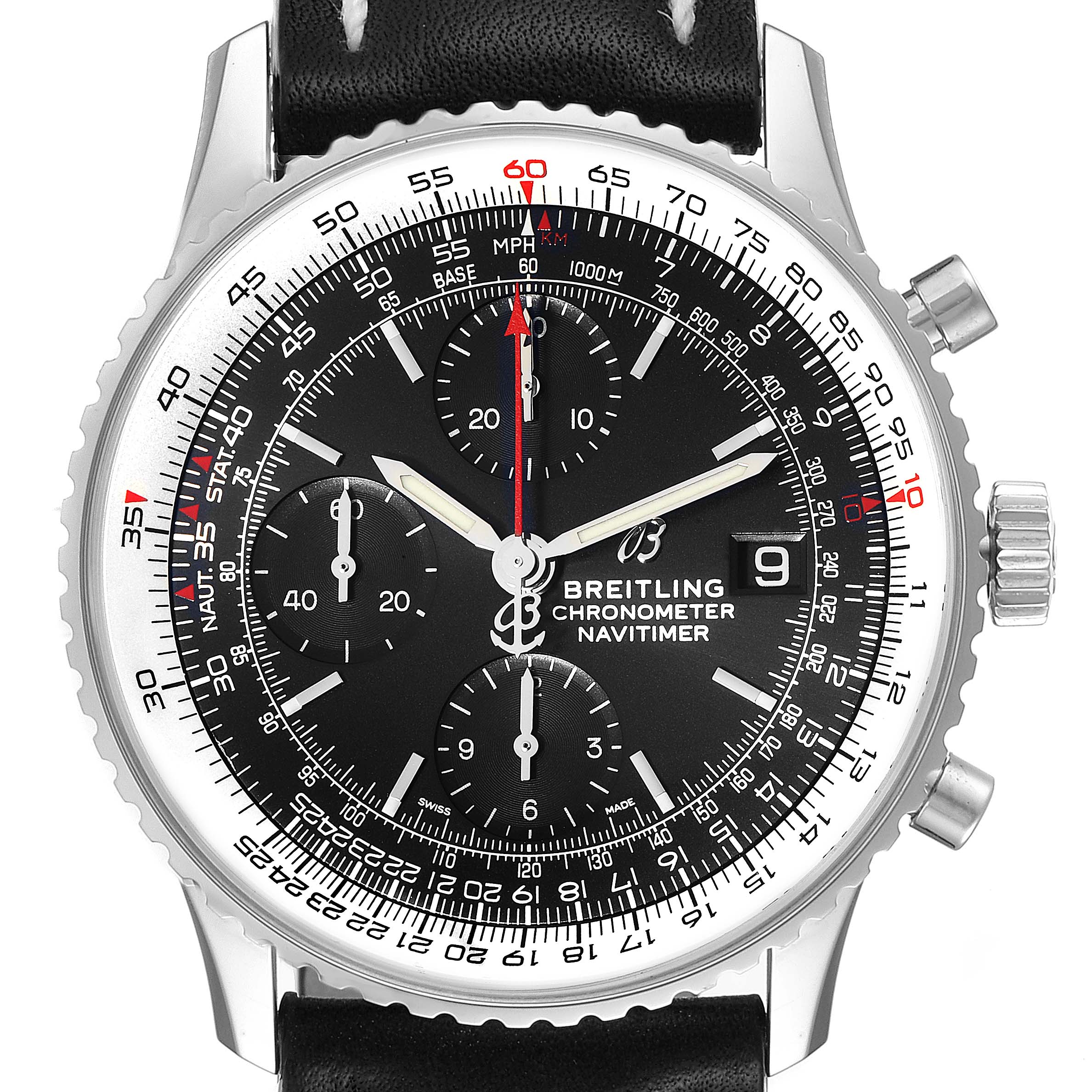 The image shows a front view of a Breitling Navitimer A13324 Men
s Stainless Steel Black Dial A13324 Men
s Stainless Steel Black Dial model watch with its dial, bezel, crown, pushers, and leather strap visible.