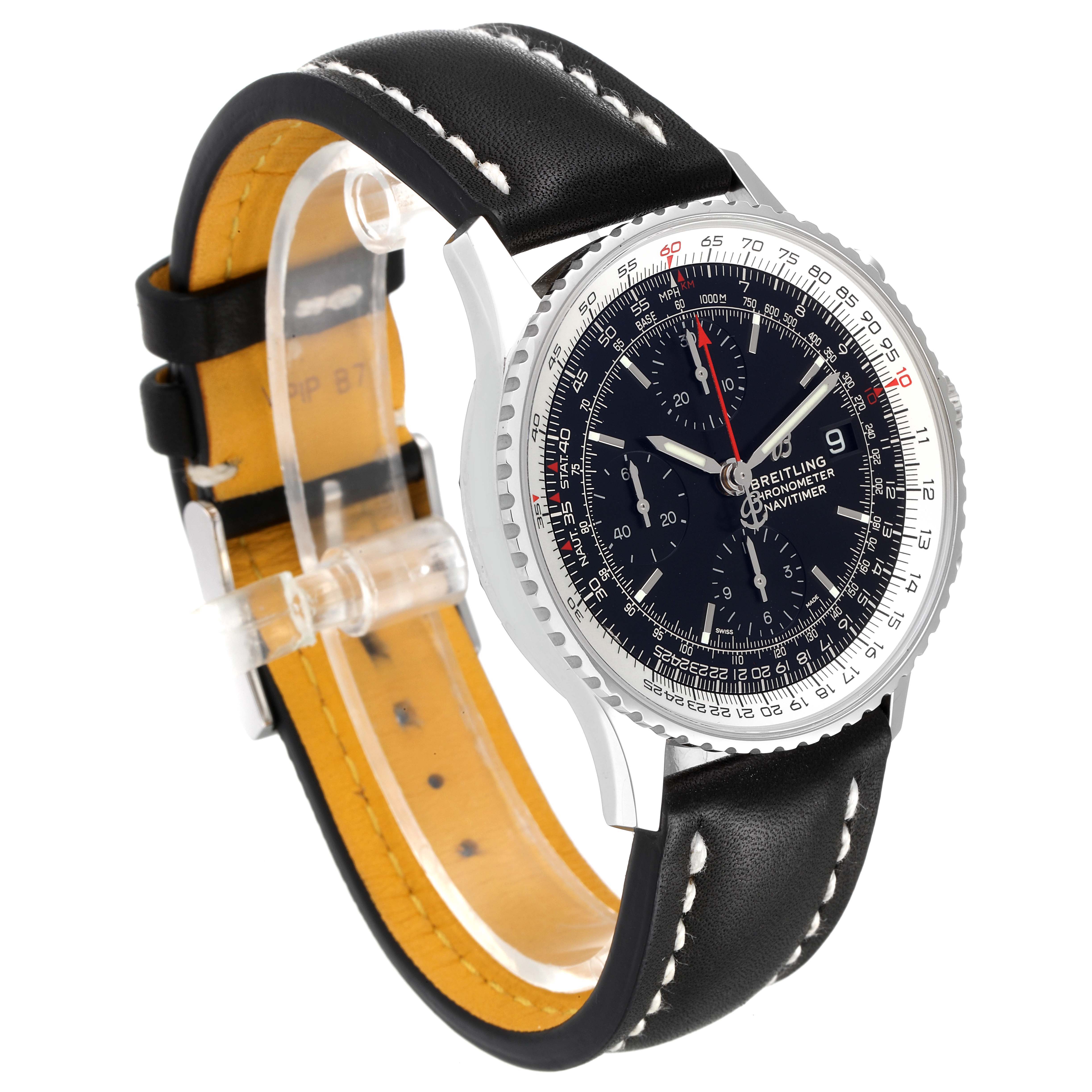 The Breitling Navitimer A13324 Men
s Stainless Steel Black Dial A13324 Men
s Stainless Steel Black Dial model watch is shown at a three-quarter angle, highlighting the face, bezel, and leather strap.