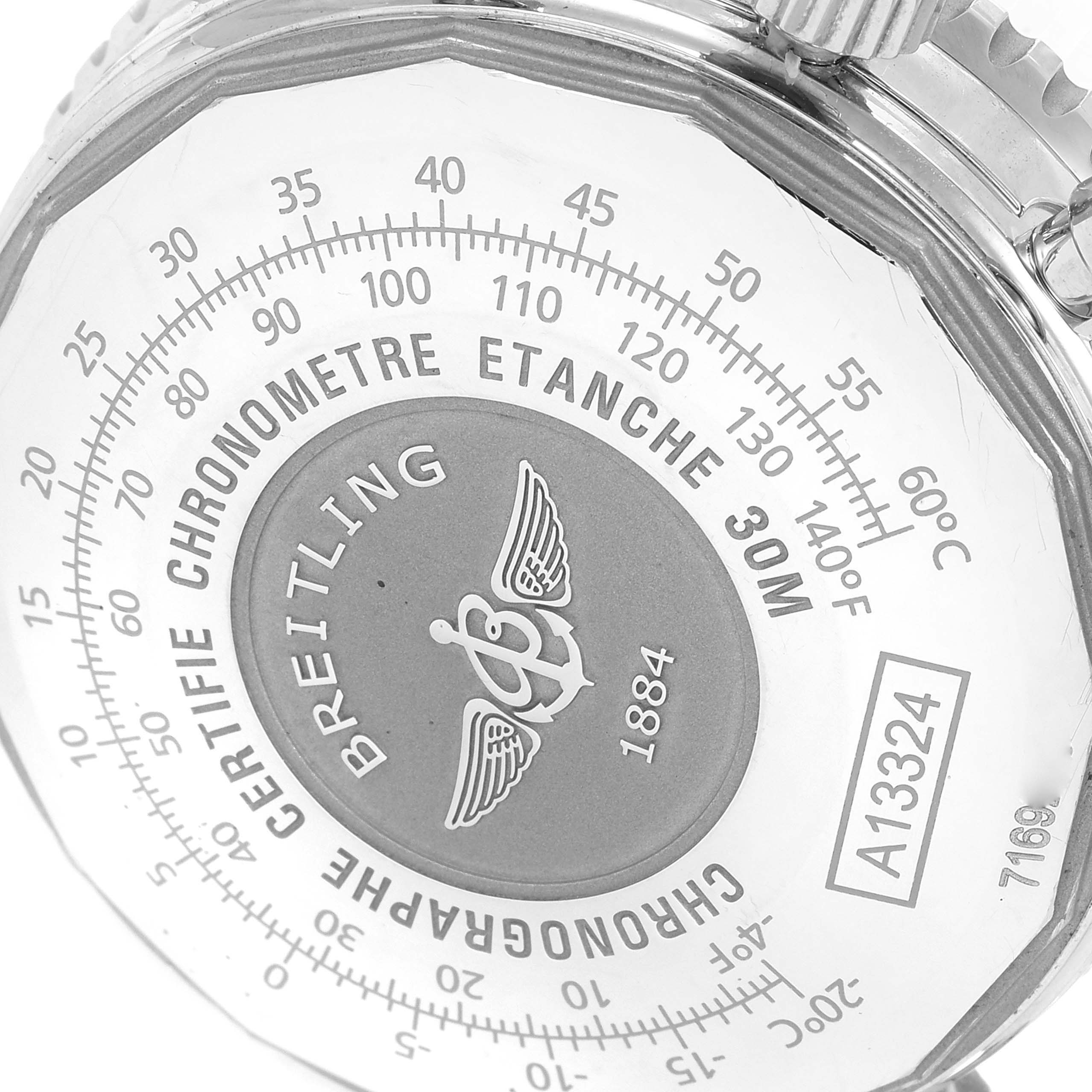 This image shows the back case of a Breitling Navitimer A13324 Men
s Stainless Steel Black Dial A13324 Men
s Stainless Steel Black Dial watch, highlighting the engravings, logo, and model information.