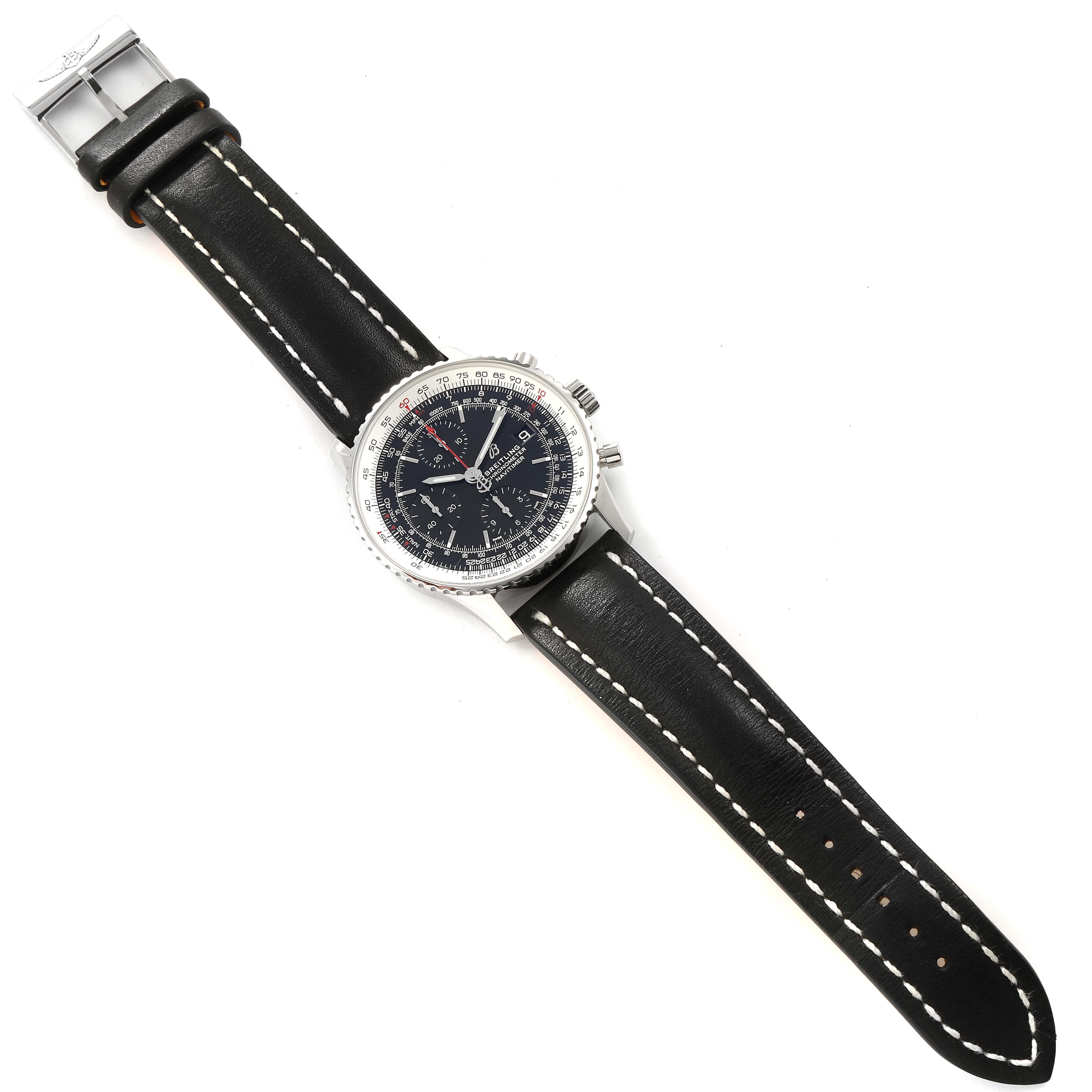 The image shows a top-down view of a Breitling Navitimer A13324 Men
s Stainless Steel Black Dial A13324 Men
s Stainless Steel Black Dial watch with a black leather strap and a detailed dial.
