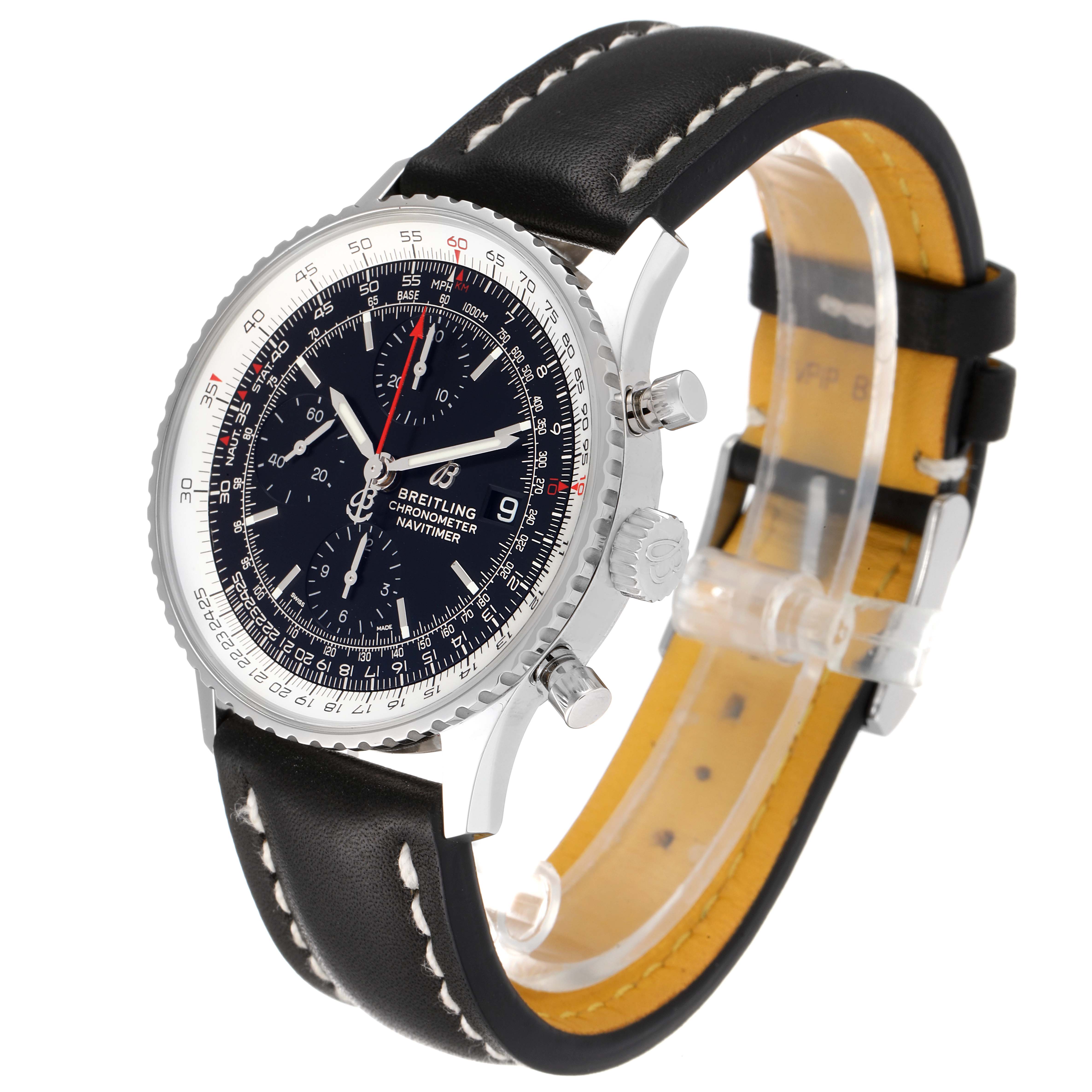 The image shows a Breitling Navitimer A13324 Men
s Stainless Steel Black Dial A13324 Men
s Stainless Steel Black Dial watch from a side angle, highlighting the face, bezel, strap, and crown.