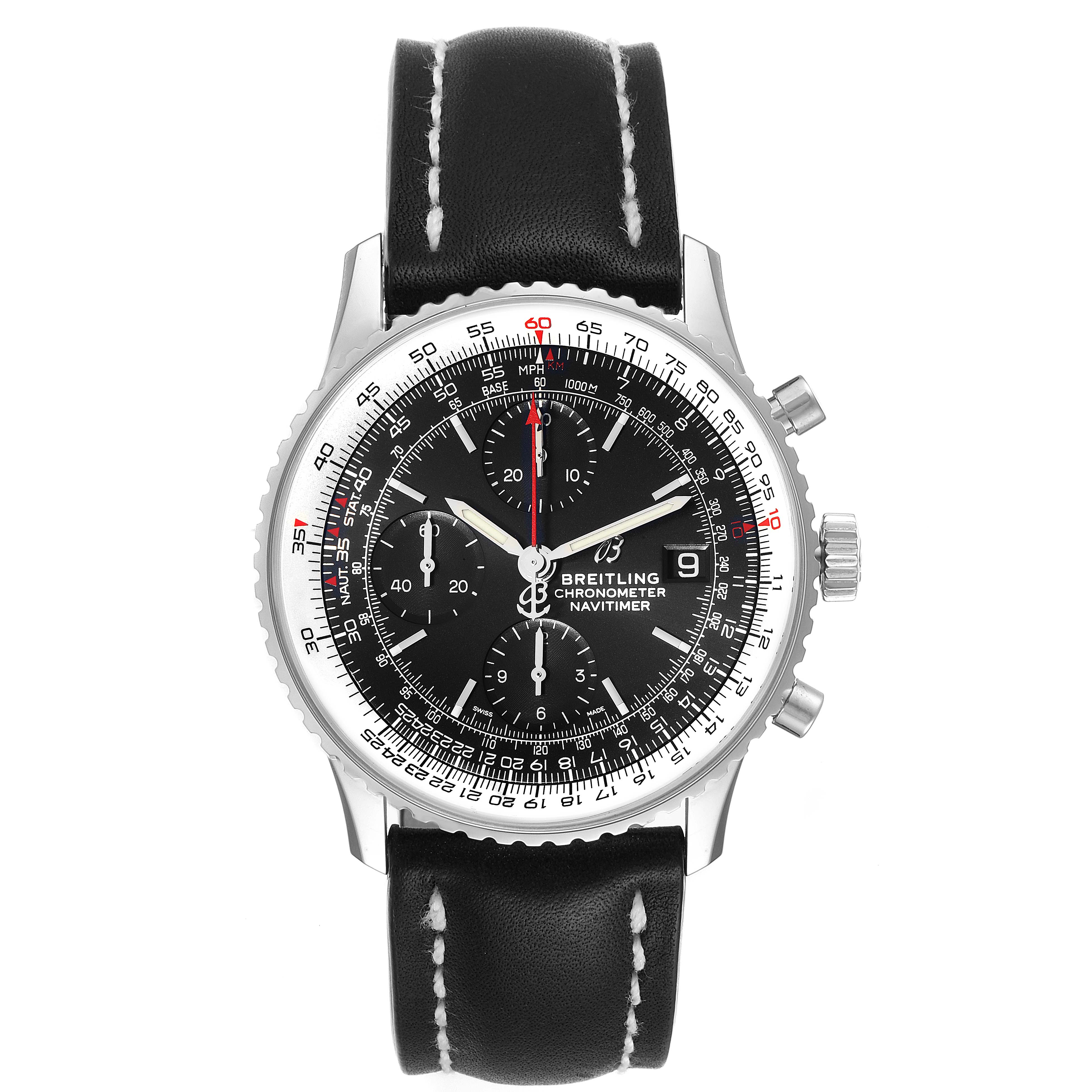 This Breitling Navitimer A13324 Men
s Stainless Steel Black Dial A13324 Men
s Stainless Steel Black Dial watch is shown from a front angle, displaying the face, bezel, and leather strap.