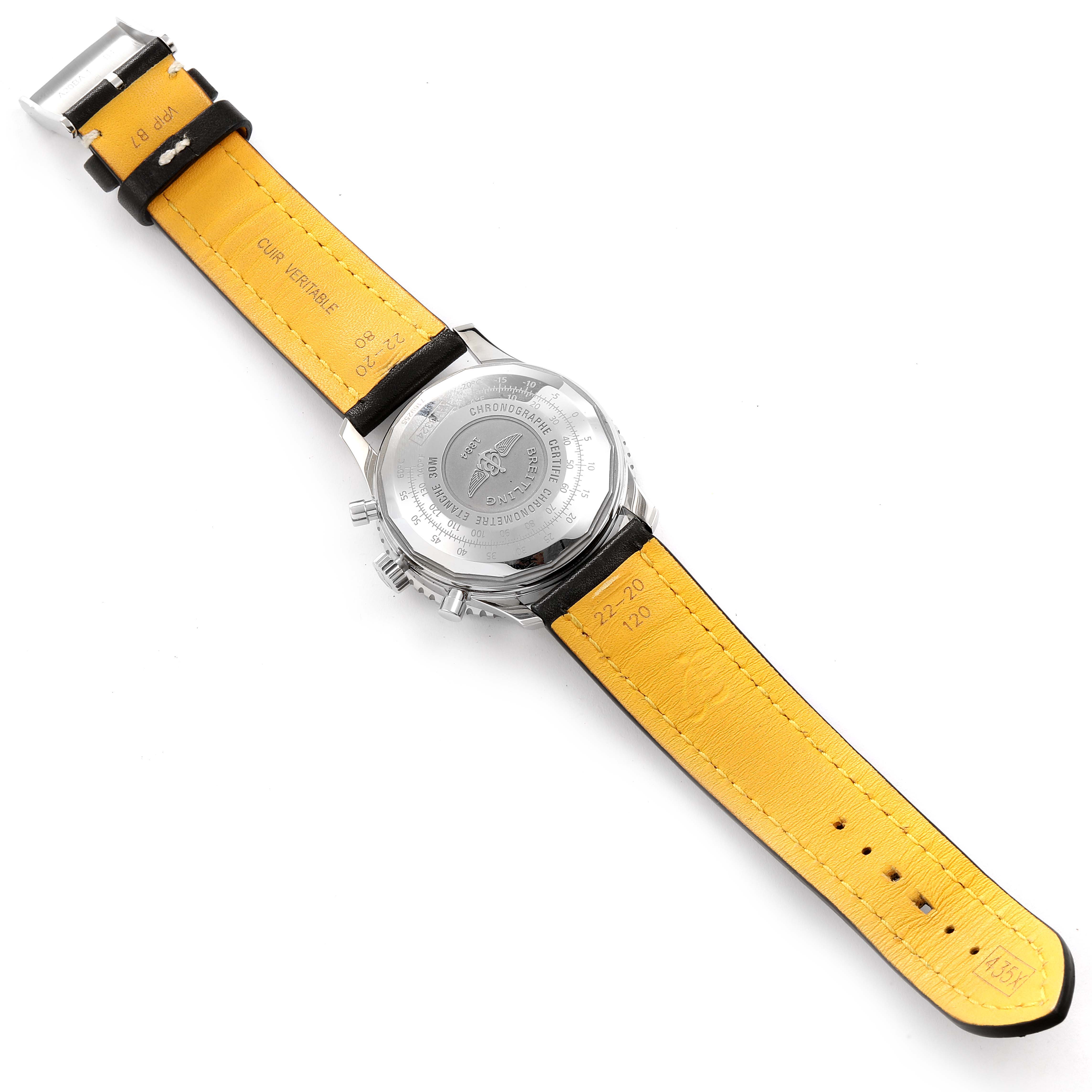 The image shows the back and strap of a Breitling Navitimer A13324 Men
s Stainless Steel Black Dial A13324 Men
s Stainless Steel Black Dial watch, featuring a yellow leather interior and a stainless steel case.