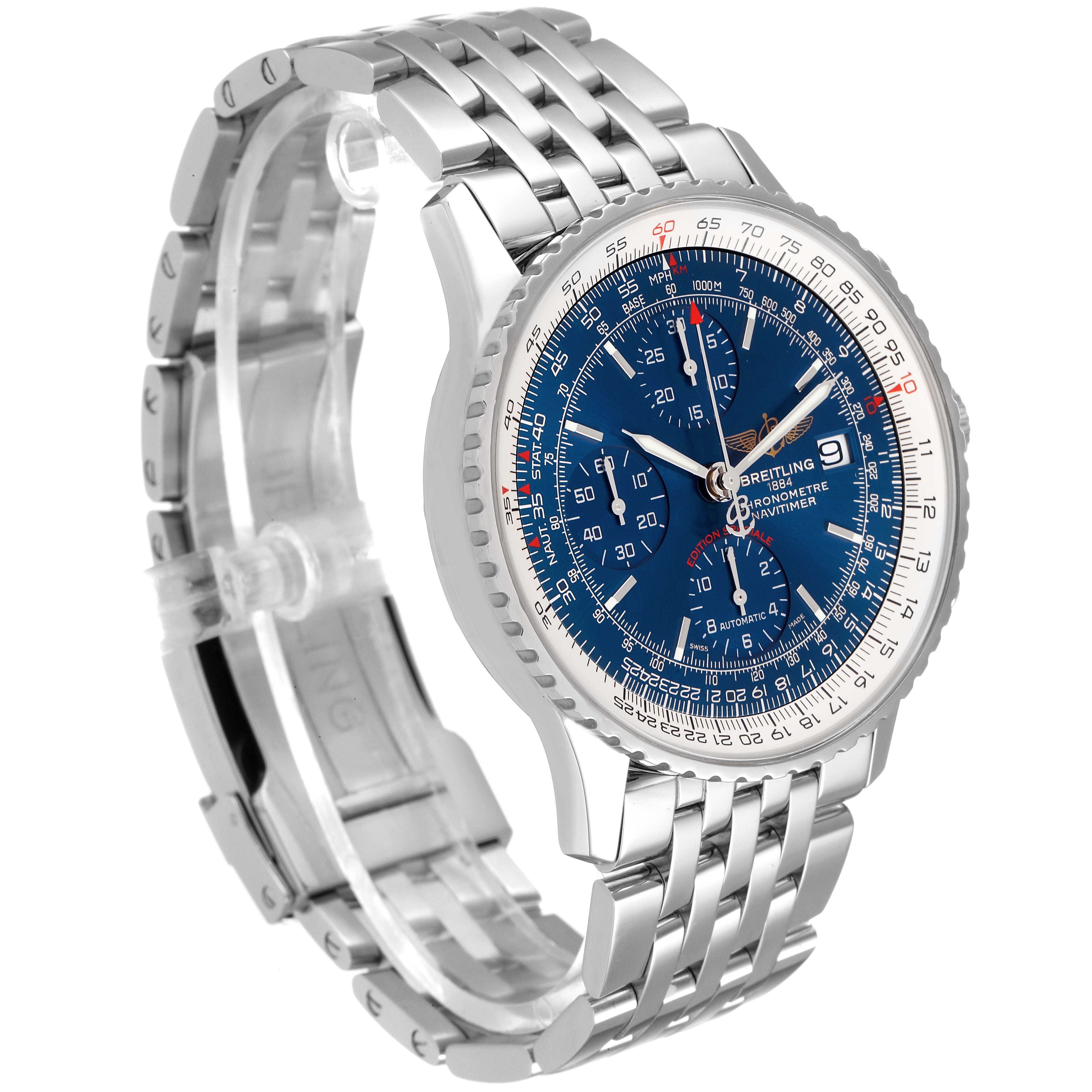 The image shows a Breitling Navitimer A13324 Men
s Stainless Steel Blue Dial A13324 Men
s Stainless Steel Blue Dial watch at an angled side view, displaying its blue dial and stainless steel bracelet.