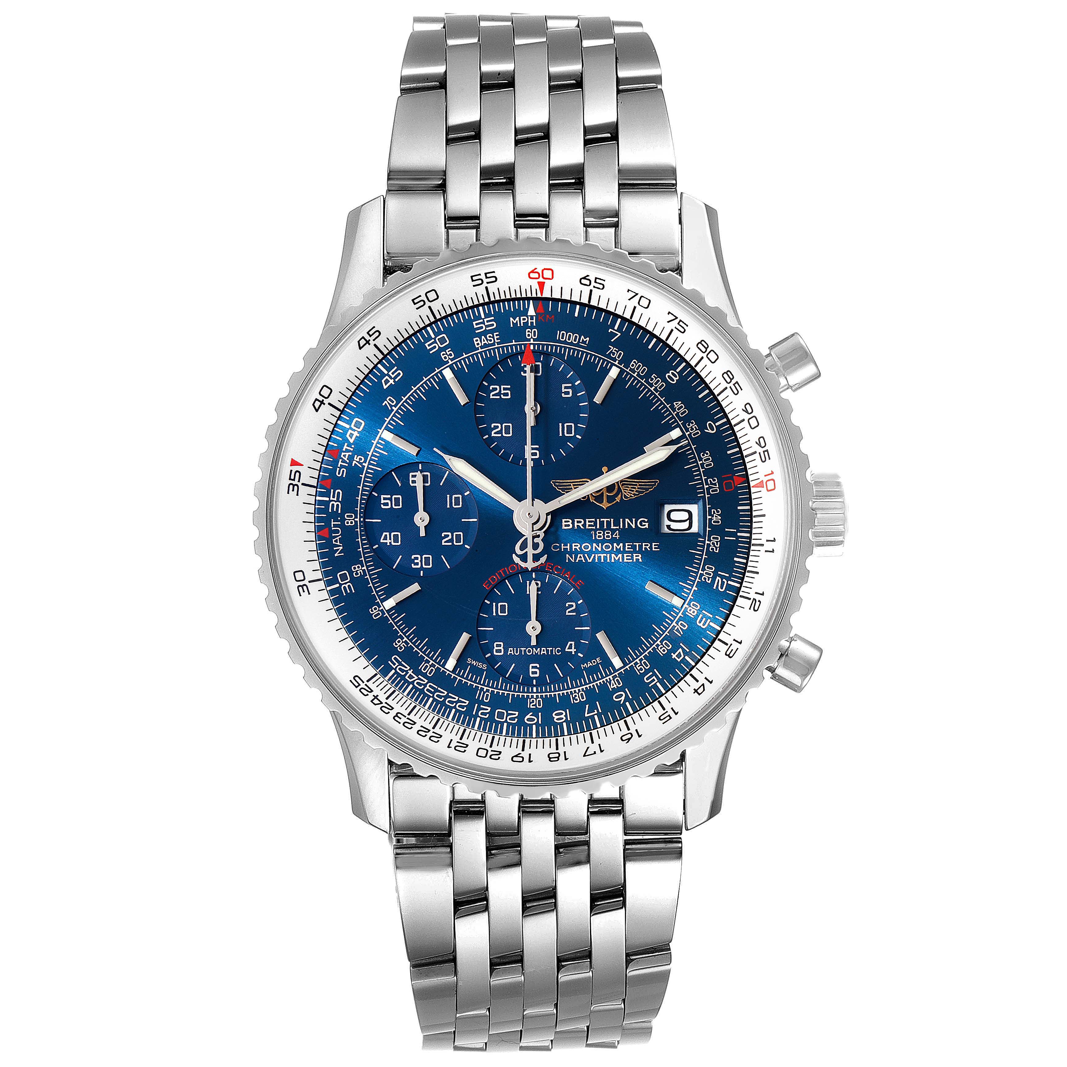 The image shows a front view of the Breitling Navitimer A13324 Men
s Stainless Steel Blue Dial A13324 Men
s Stainless Steel Blue Dial watch, displaying its face, bezel, crown, pushers, and metal bracelet.
