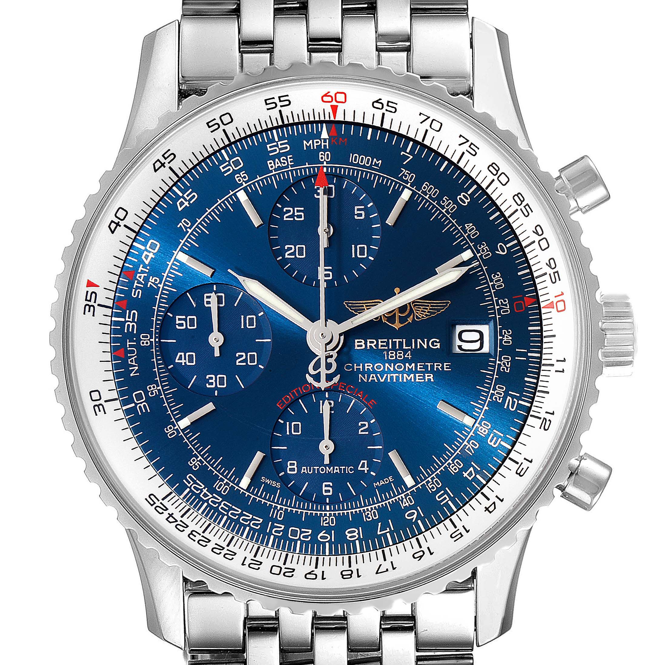 The image shows a close-up front view of the Breitling Navitimer A13324 Men
s Stainless Steel Blue Dial A13324 Men
s Stainless Steel Blue Dial watch face with its blue dial and stainless steel bracelet.