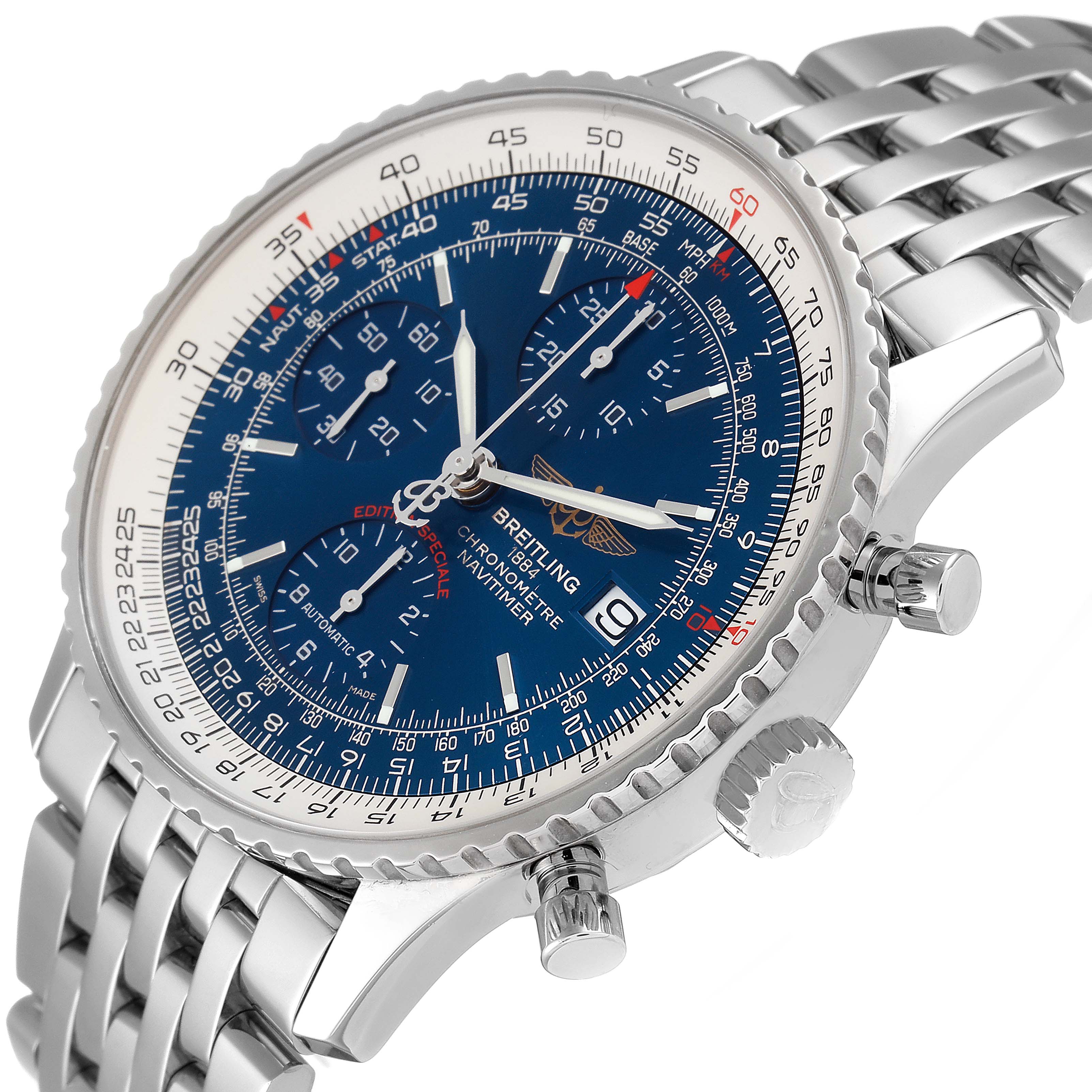 This image shows a Breitling Navitimer A13324 Men
s Stainless Steel Blue Dial A13324 Men
s Stainless Steel Blue Dial watch at an angled front view, displaying the dial, bezel, crown, and part of the bracelet.