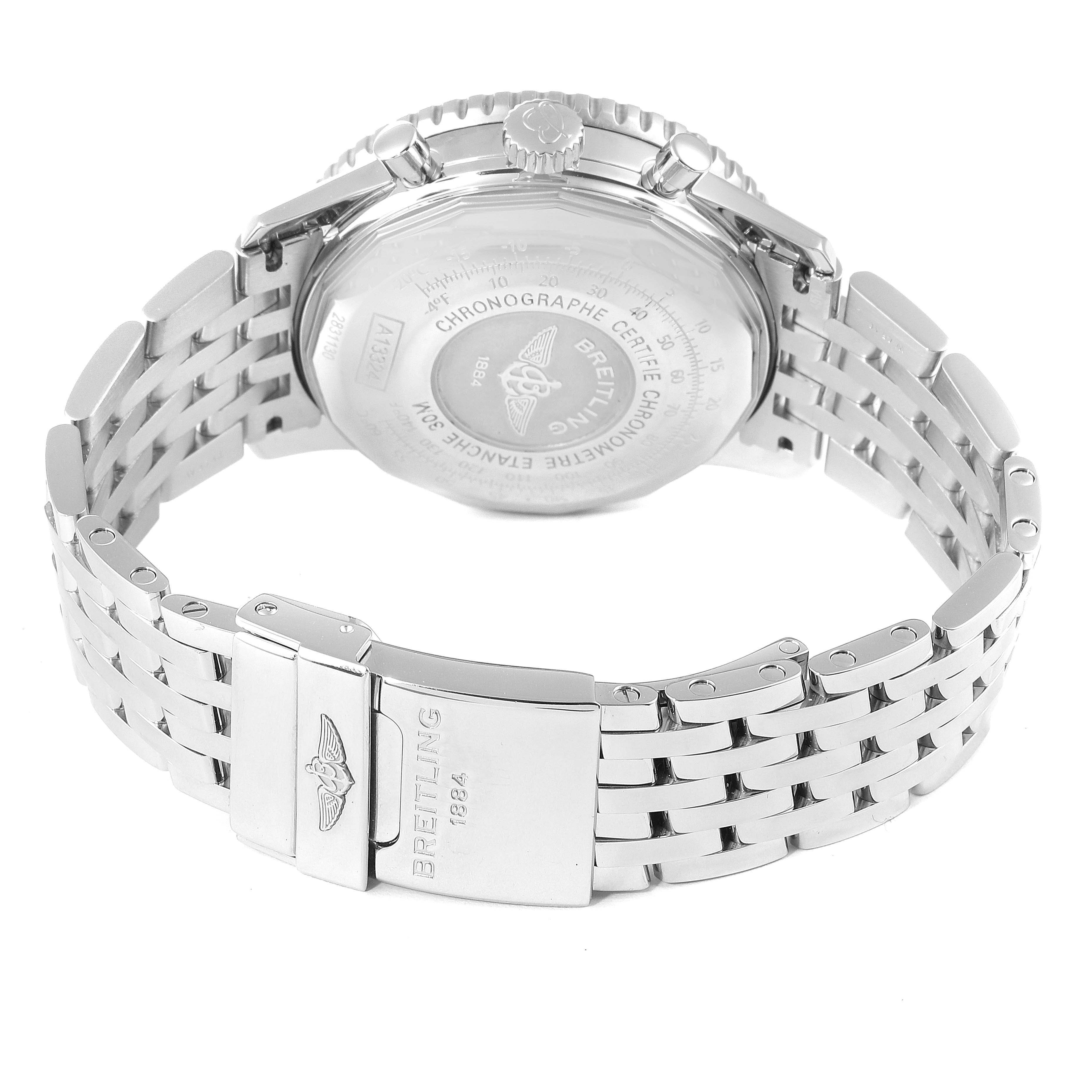 This image shows the back case and bracelet of a Breitling Navitimer A13324 Men
s Stainless Steel Blue Dial A13324 Men
s Stainless Steel Blue Dial watch at a rear angle.