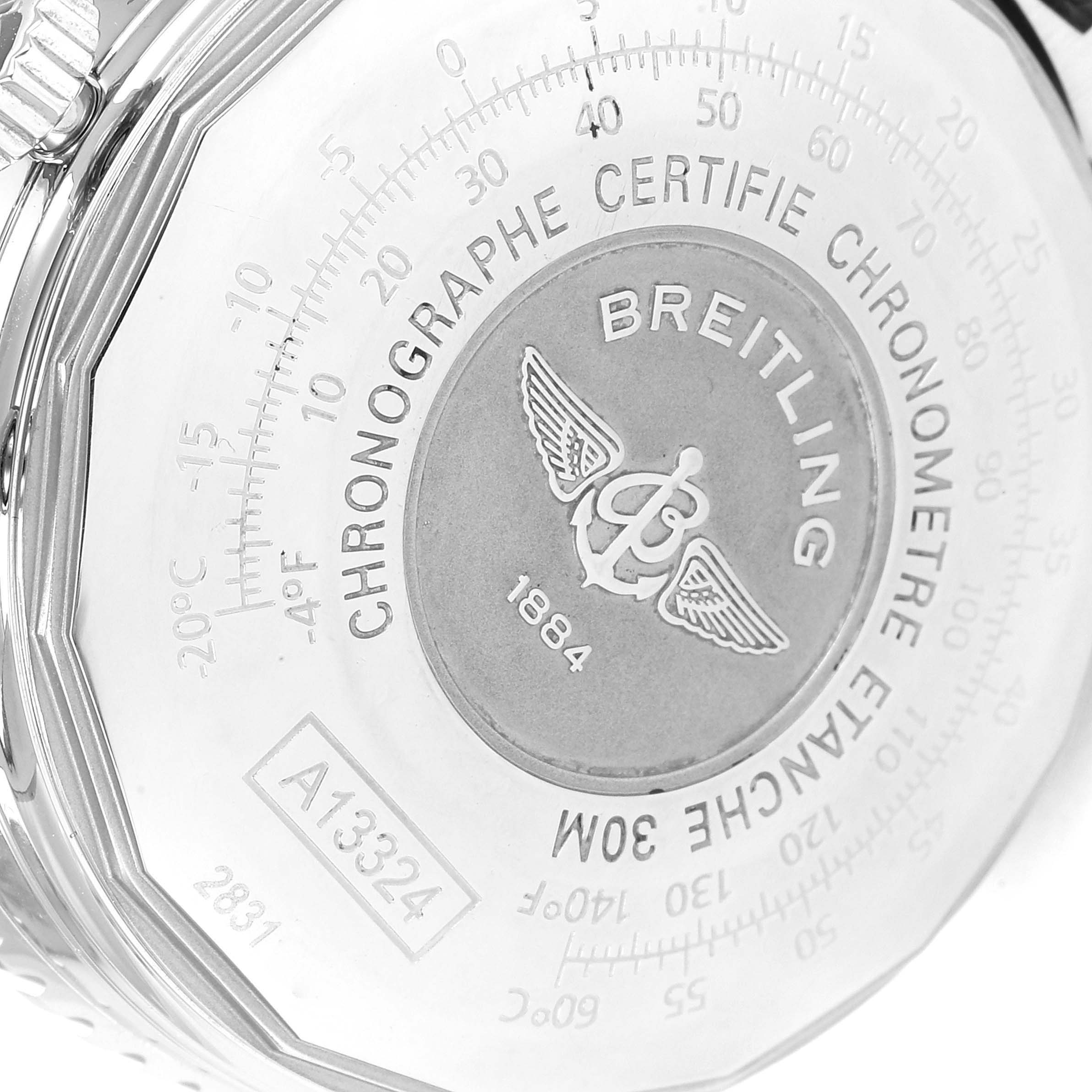 This image shows an angled view of the back case of the Breitling Navitimer A13324 Men
s Stainless Steel Blue Dial A13324 Men
s Stainless Steel Blue Dial watch, displaying brand engraving and model details.