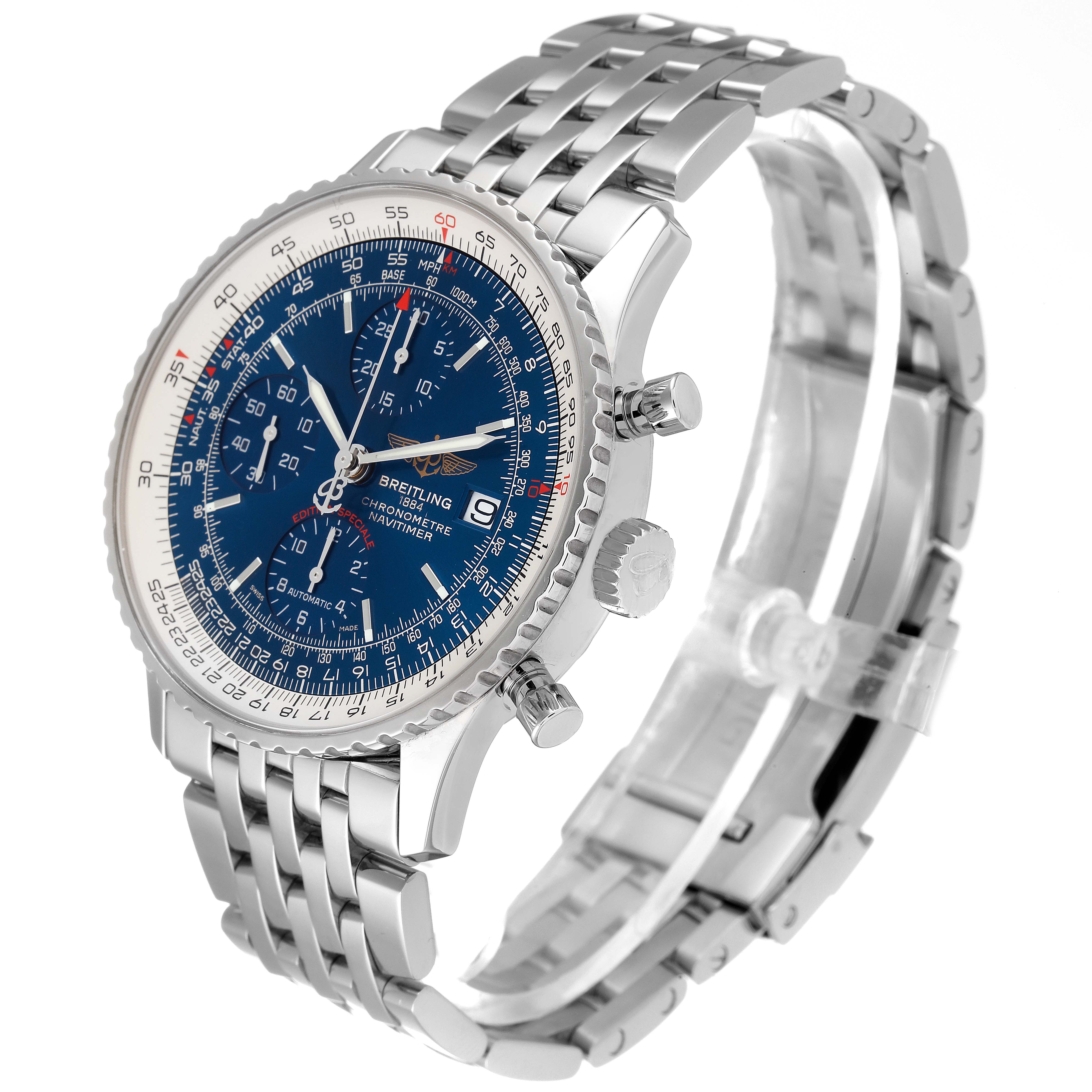 The image shows a side-angle view of a Breitling Navitimer A13324 Men
s Stainless Steel Blue Dial A13324 Men
s Stainless Steel Blue Dial watch featuring a blue dial and silver bracelet.