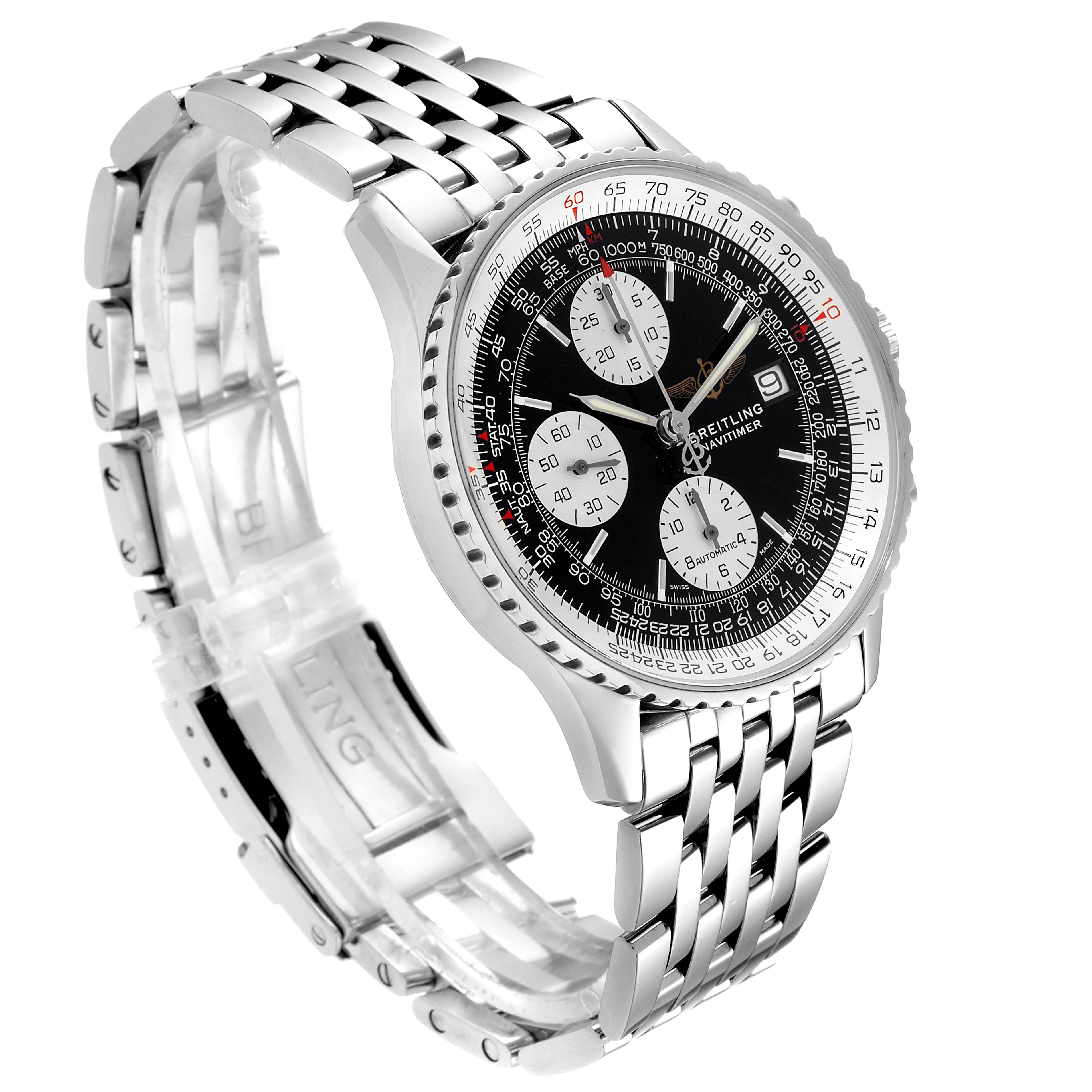 The image shows a side angle view of a Breitling Navitimer A13322 Men's Stainless Steel Black Dial A13322 Men's Stainless Steel Black Dial watch, highlighting its stainless steel bracelet and chronograph dial.