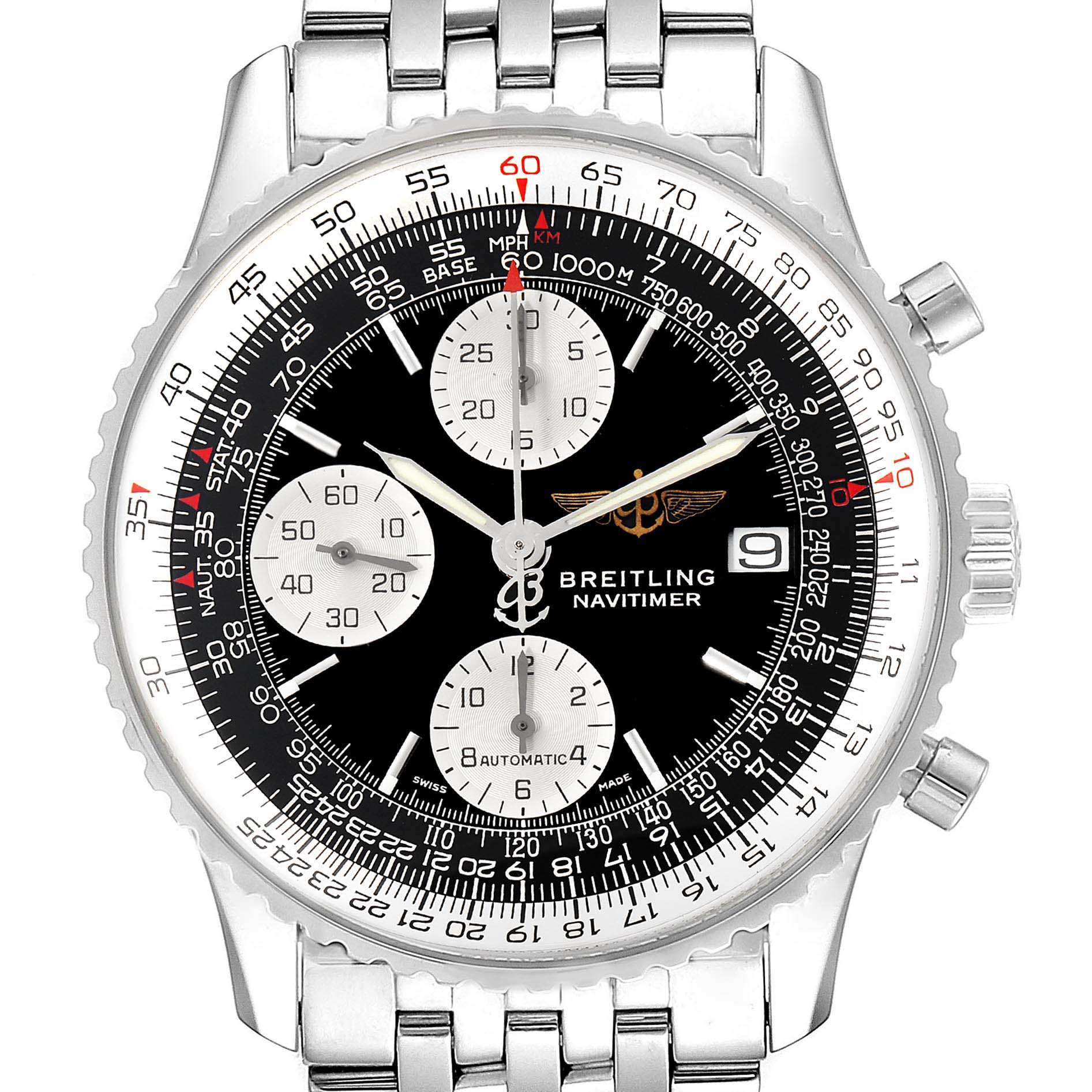 This Breitling Navitimer A13322 Men's Stainless Steel Black Dial A13322 Men's Stainless Steel Black Dial watch is shown from a front angle, displaying its face, chronograph dials, and part of the bracelet.