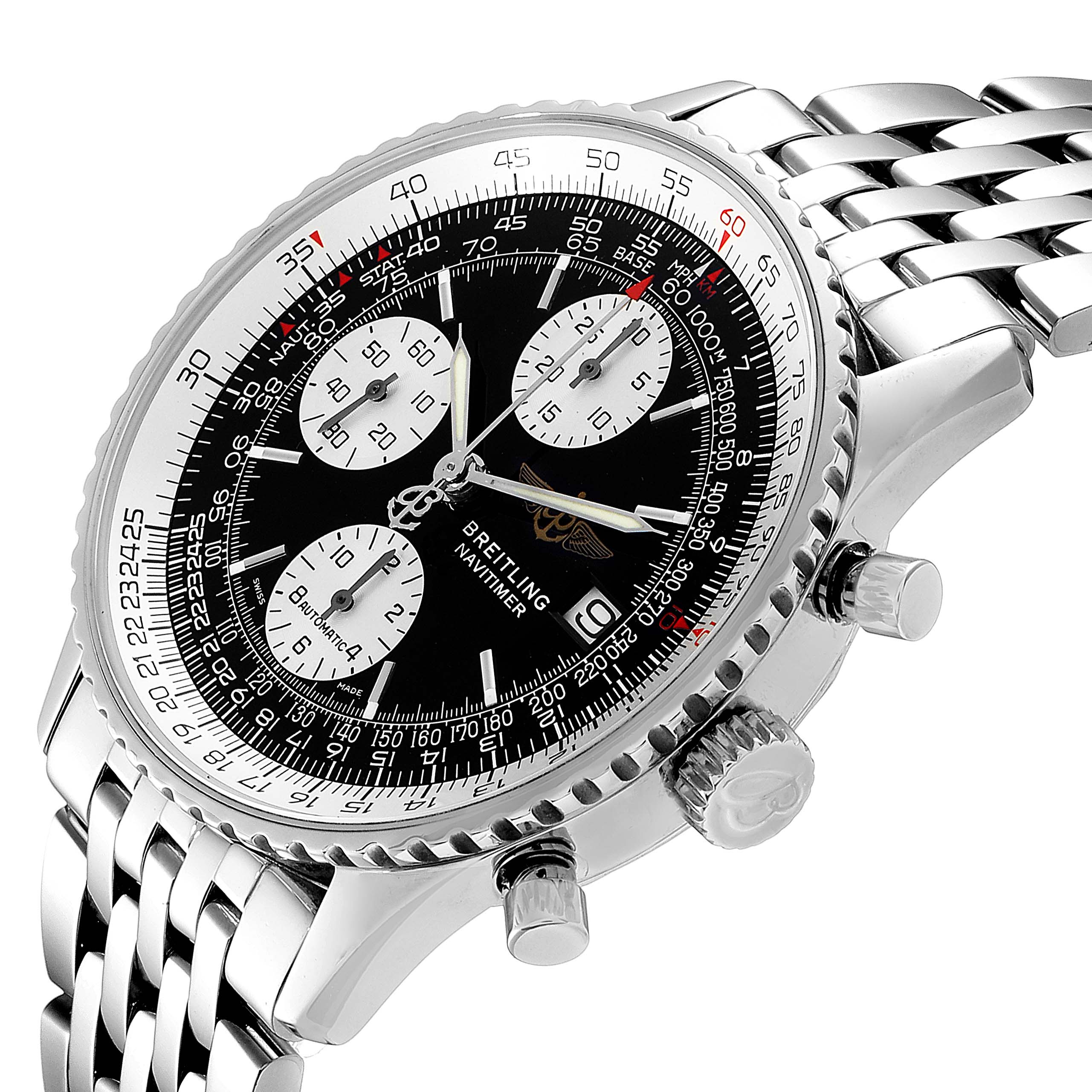 The Breitling Navitimer A13322 Men's Stainless Steel Black Dial A13322 Men's Stainless Steel Black Dial watch is shown at an angle highlighting the dial, bezel, pushers, crown, and metal bracelet.