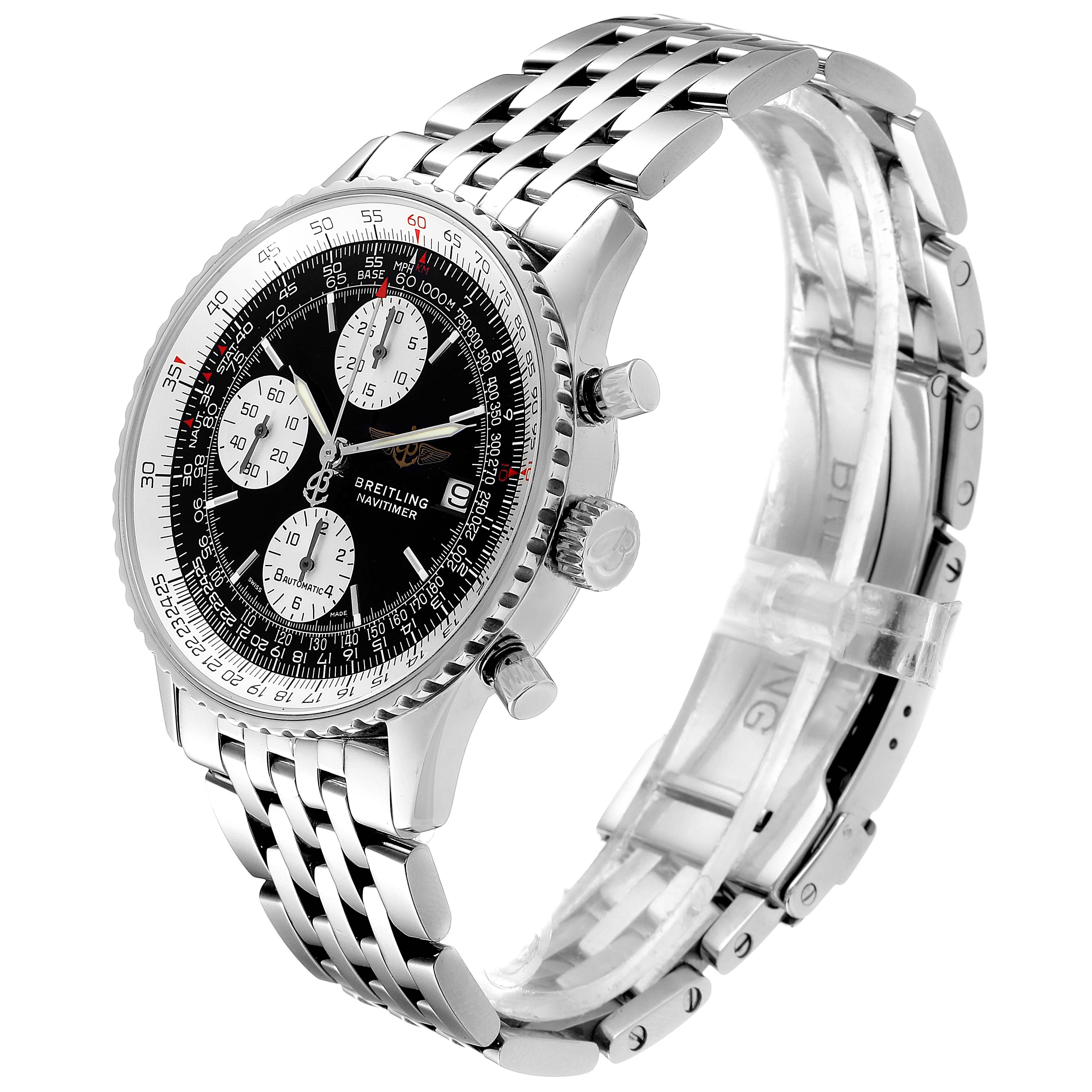 The image shows a Breitling Navitimer A13322 Men's Stainless Steel Black Dial A13322 Men's Stainless Steel Black Dial watch at a three-quarter angle, highlighting its dial, bezel, and steel bracelet.