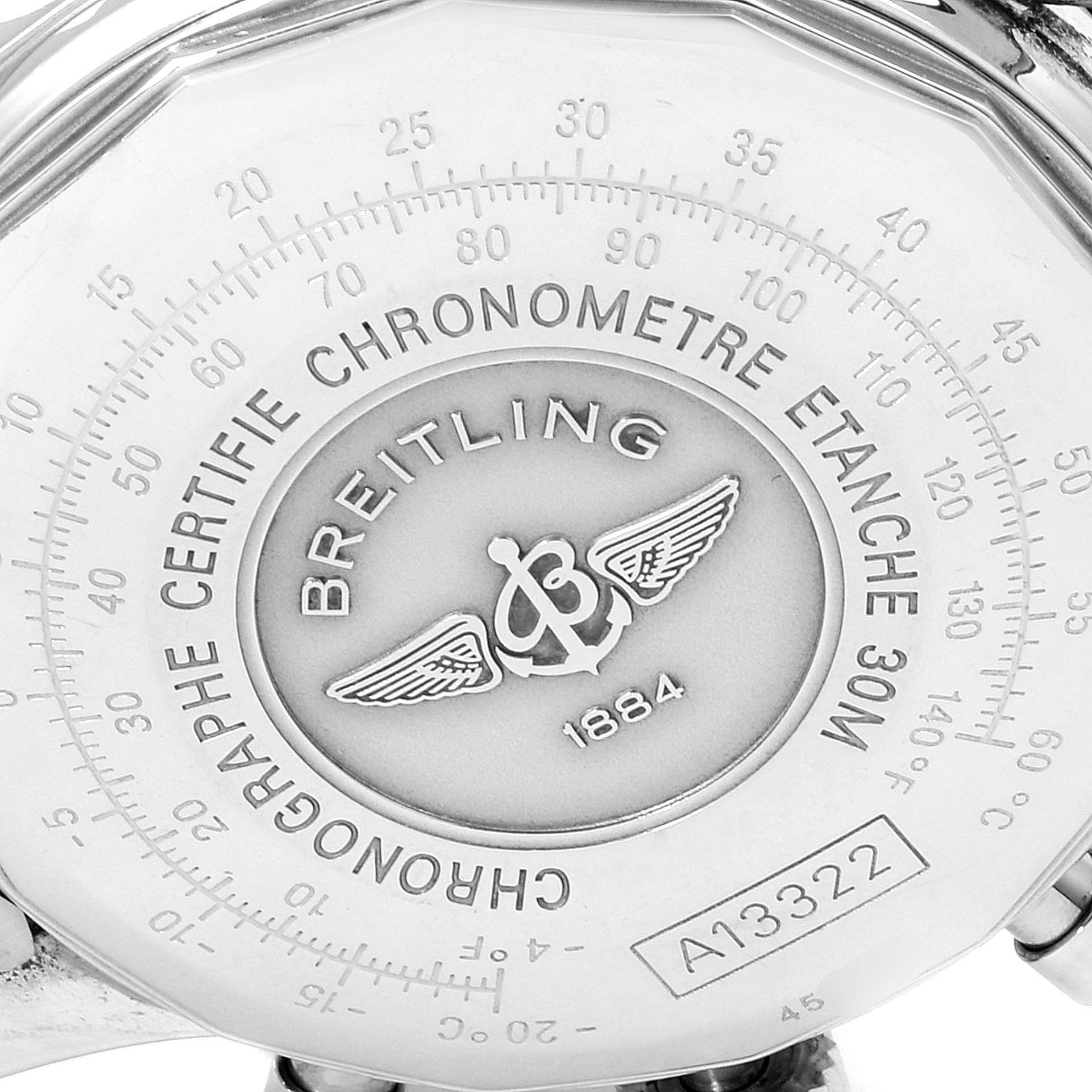 The image shows the back case and engravings of a Breitling Navitimer A13322 Men's Stainless Steel Black Dial A13322 Men's Stainless Steel Black Dial watch.