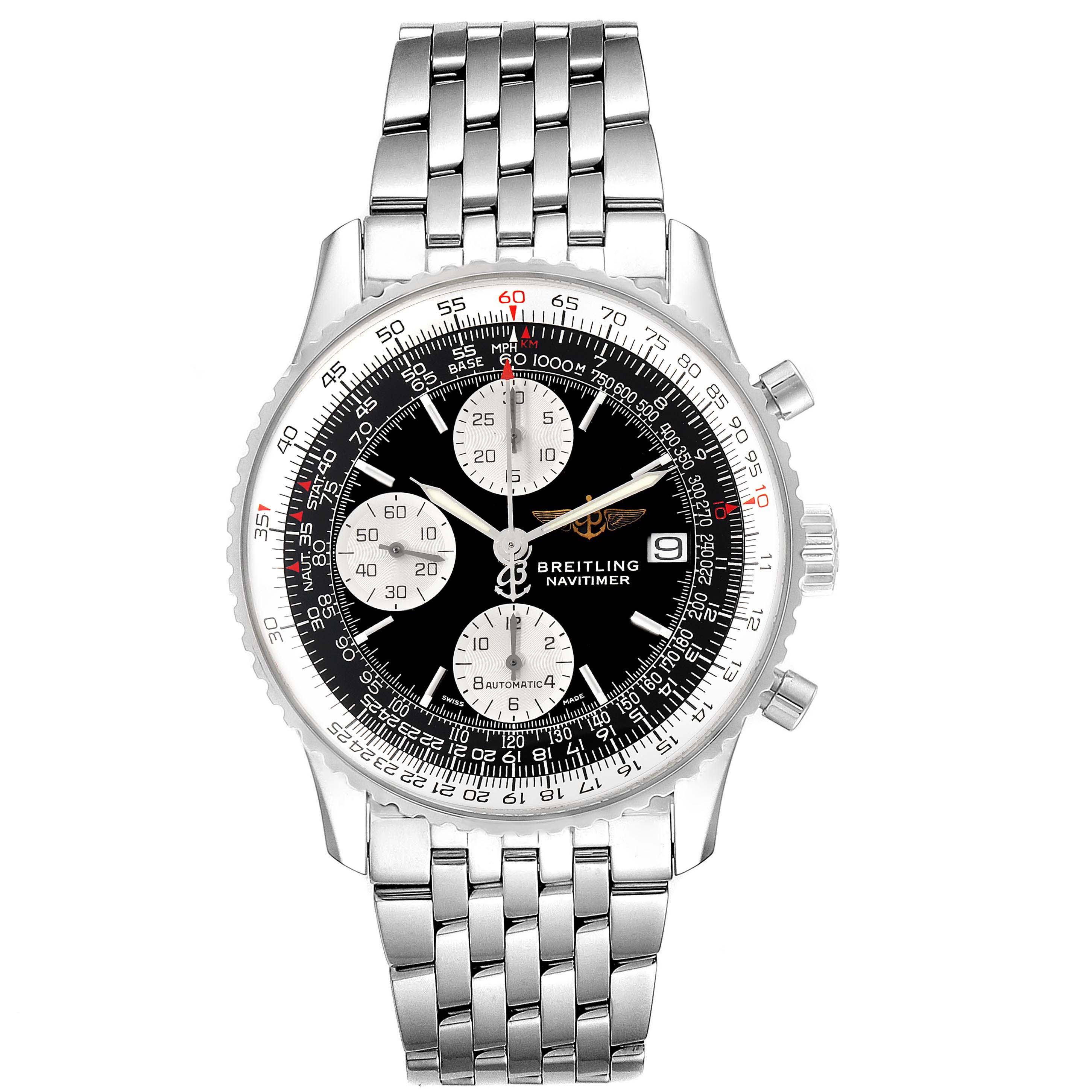 The image shows a frontal view of a Breitling Navitimer A13322 Men's Stainless Steel Black Dial A13322 Men's Stainless Steel Black Dial watch, highlighting its dial, chronograph subdials, and stainless steel bracelet.