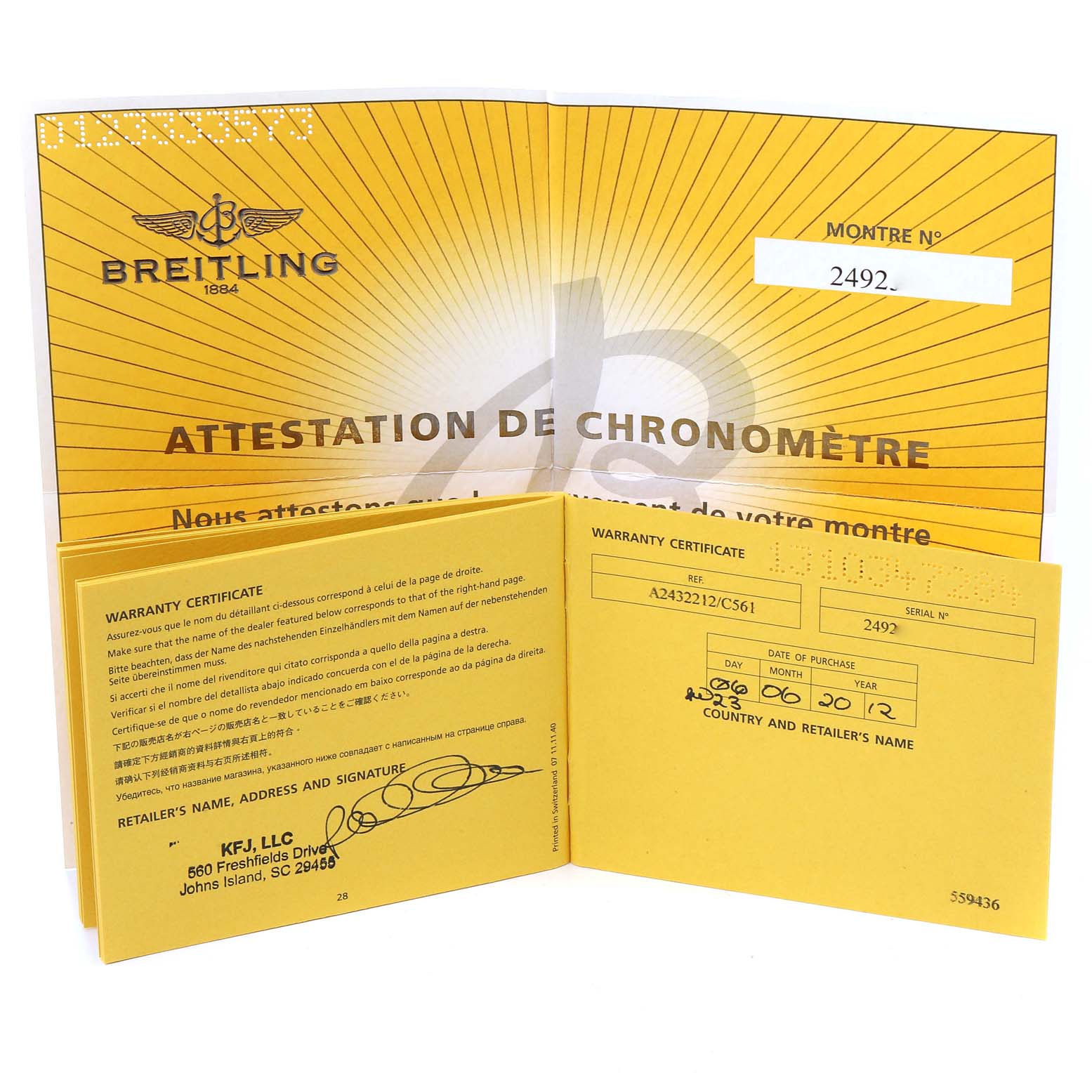 The image shows the warranty certificate and attestation de chronomètre for a Breitling Navitimer A24322 Men
s Stainless Steel Blue Dial A24322 Men
s Stainless Steel Blue Dial watch.