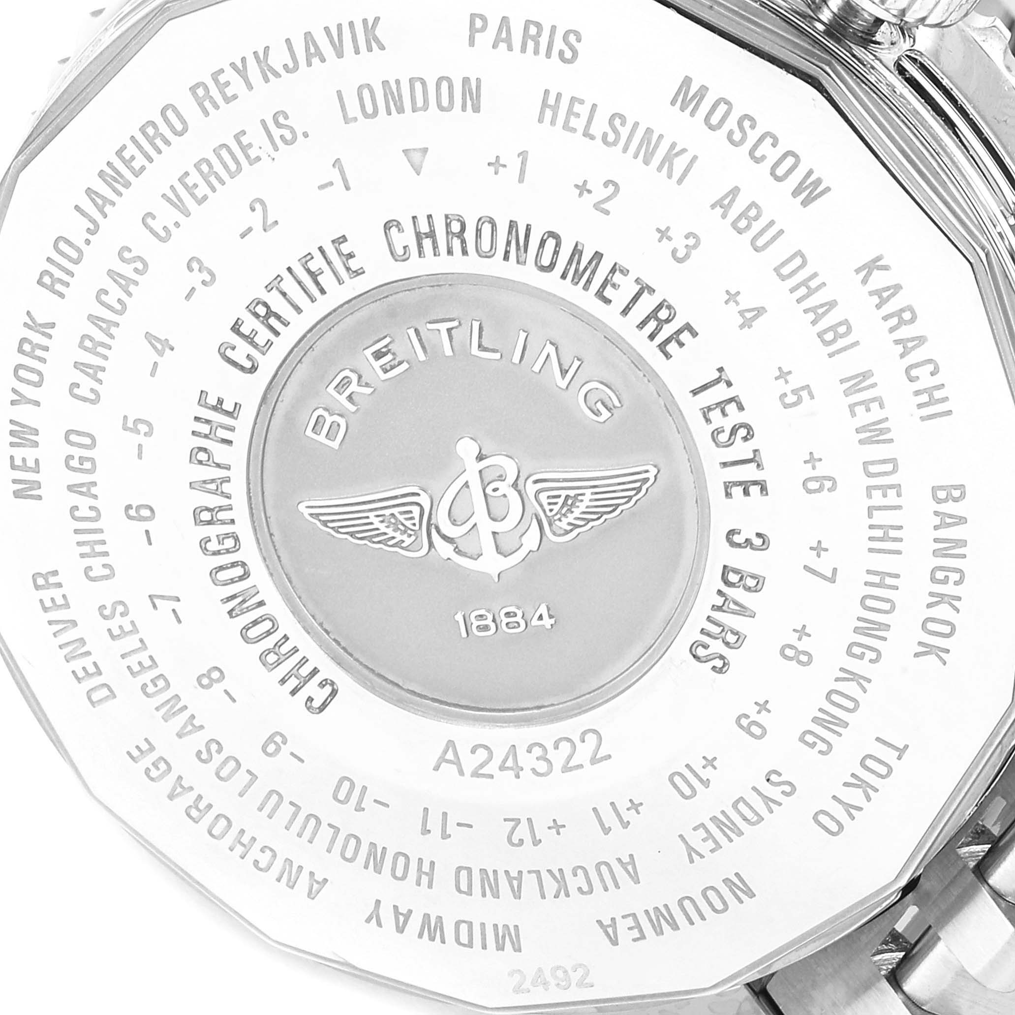 The image shows the back case of a Breitling Navitimer A24322 Men
s Stainless Steel Blue Dial A24322 Men
s Stainless Steel Blue Dial watch, displaying cities for world time and model details.