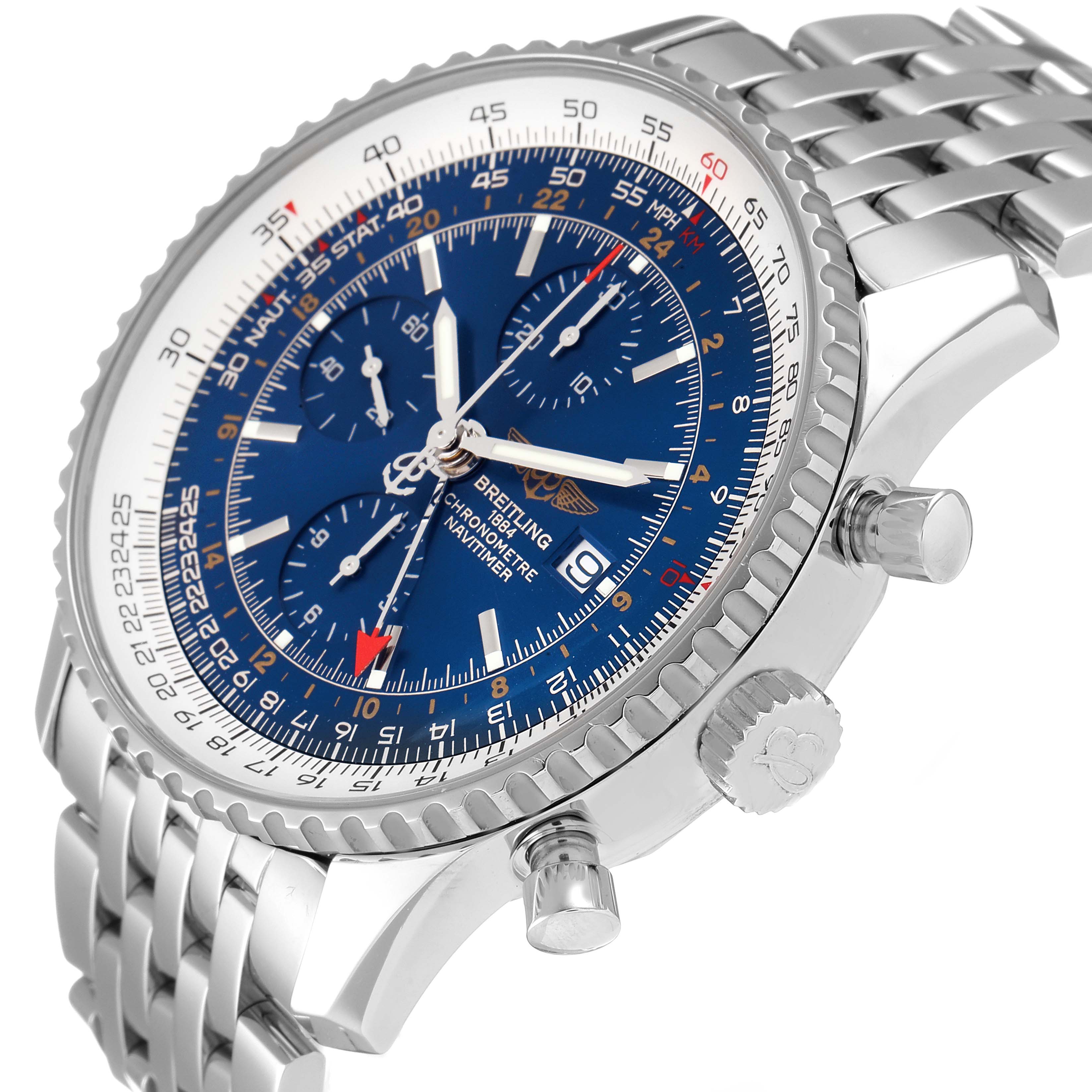 The image shows a side angle of a Breitling Navitimer A24322 Men
s Stainless Steel Blue Dial A24322 Men
s Stainless Steel Blue Dial watch, highlighting its blue dial, chronograph, and metal bracelet.