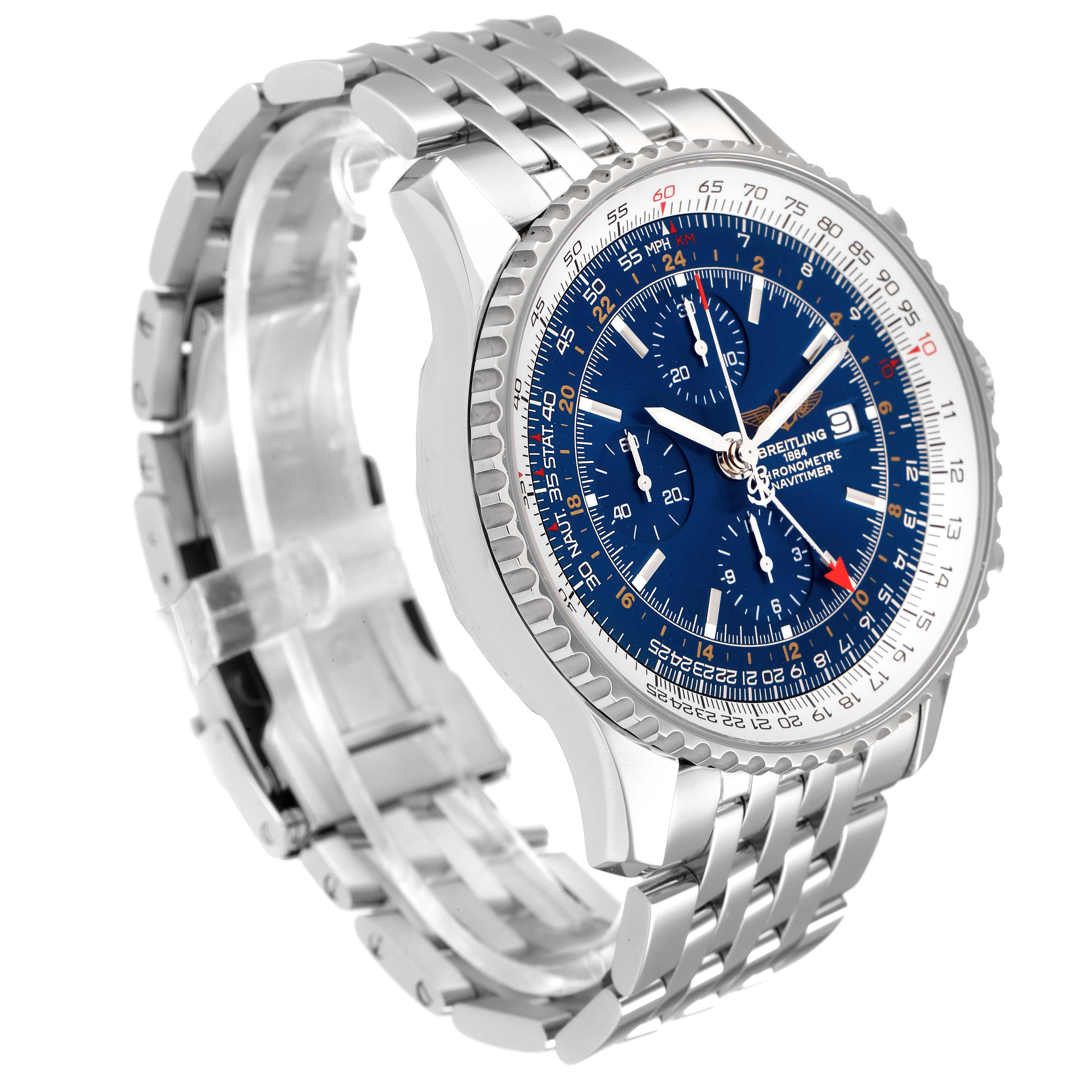 The Breitling Navitimer A24322 Men
s Stainless Steel Blue Dial A24322 Men
s Stainless Steel Blue Dial watch is shown at a three-quarter angle, highlighting its blue dial, bezel, and metal bracelet.