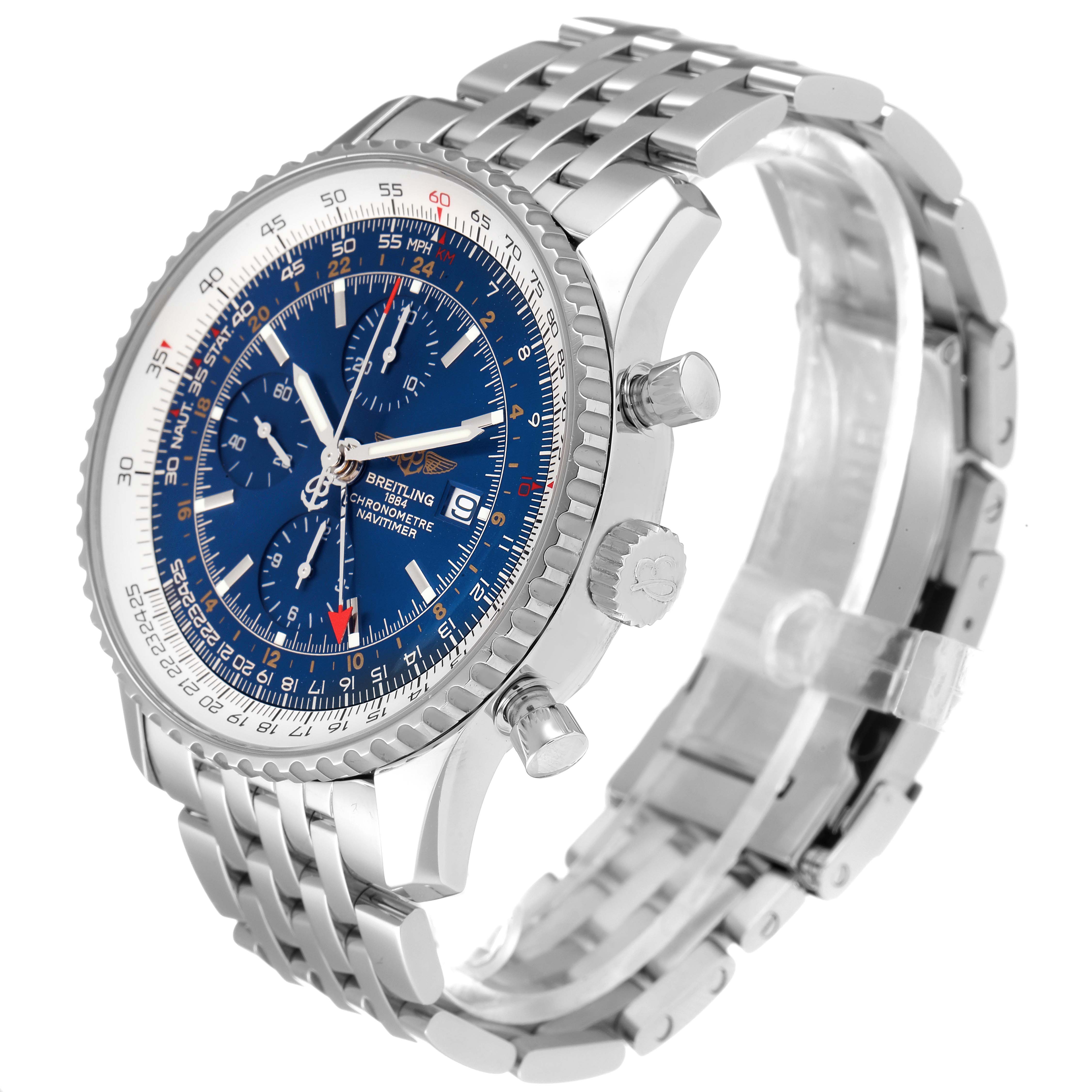 The image shows a side angle of the Breitling Navitimer A24322 Men
s Stainless Steel Blue Dial A24322 Men
s Stainless Steel Blue Dial, displaying the blue dial, chrono pushers, crown, and metal bracelet.