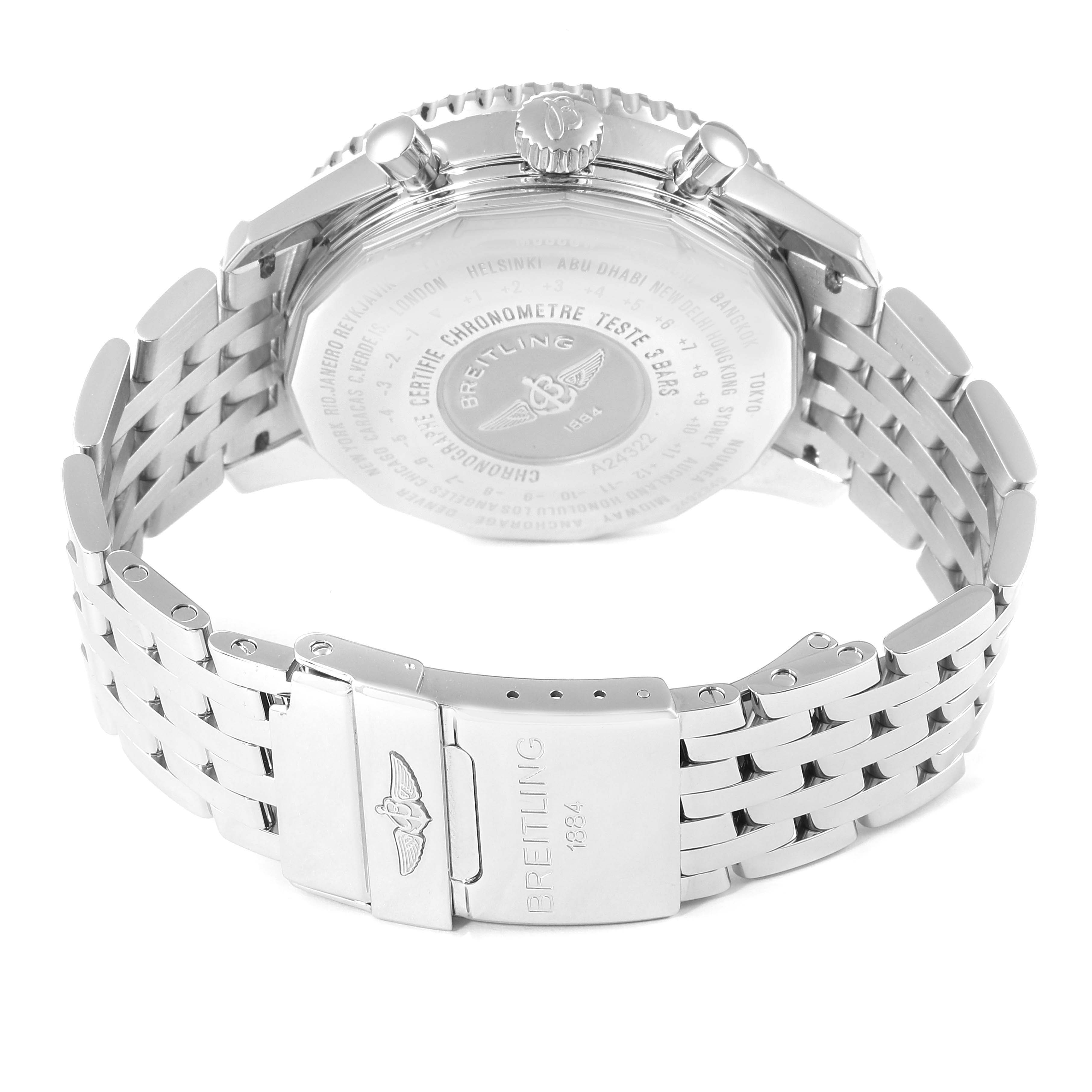 The image shows a rear angle of the Breitling Navitimer A24322 Men
s Stainless Steel Blue Dial A24322 Men
s Stainless Steel Blue Dial watch, highlighting its clasp, stainless steel bracelet, and engraved case back.