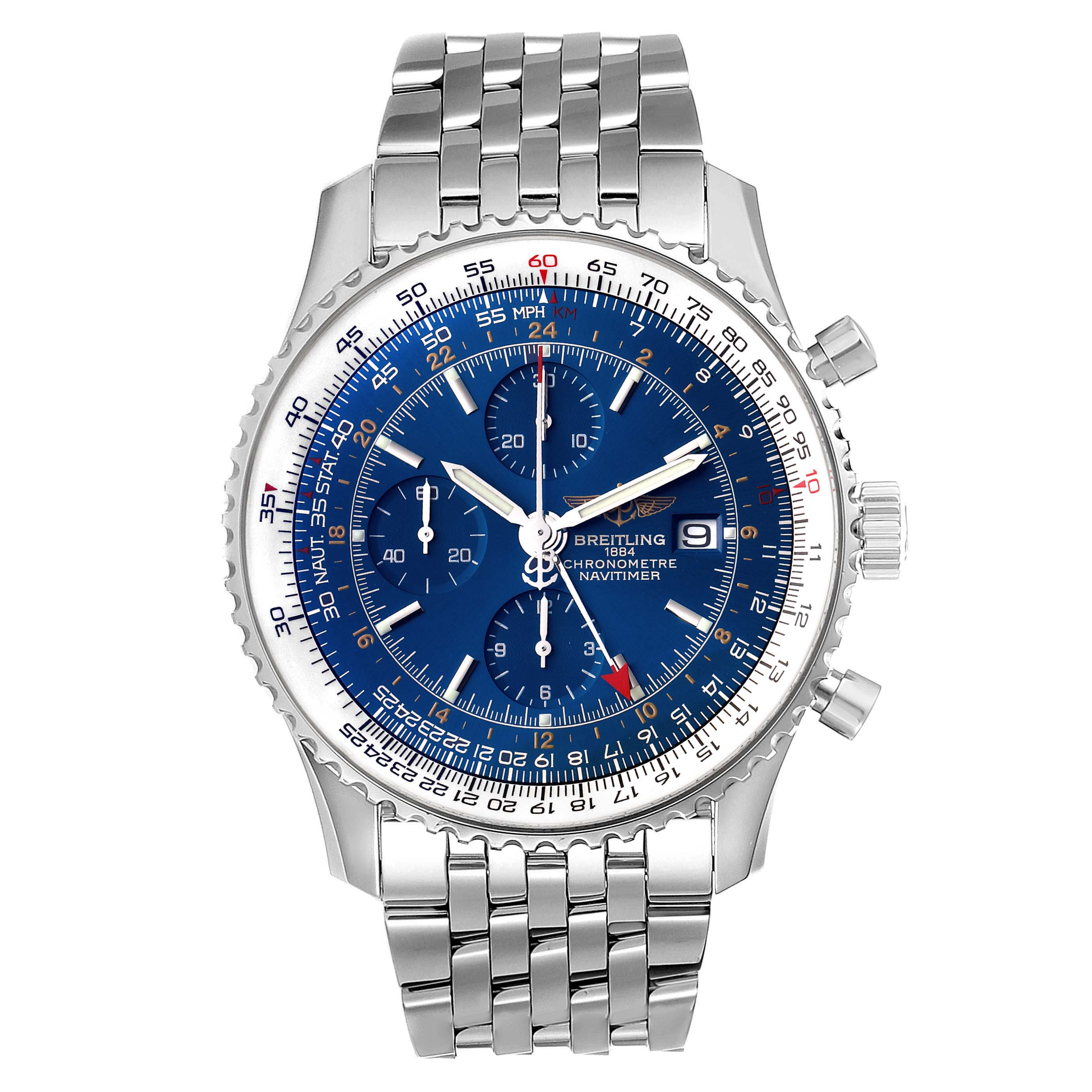 This image shows a Breitling Navitimer A24322 Men
s Stainless Steel Blue Dial A24322 Men
s Stainless Steel Blue Dial watch from a front-facing angle, displaying its blue dial and metal bracelet.