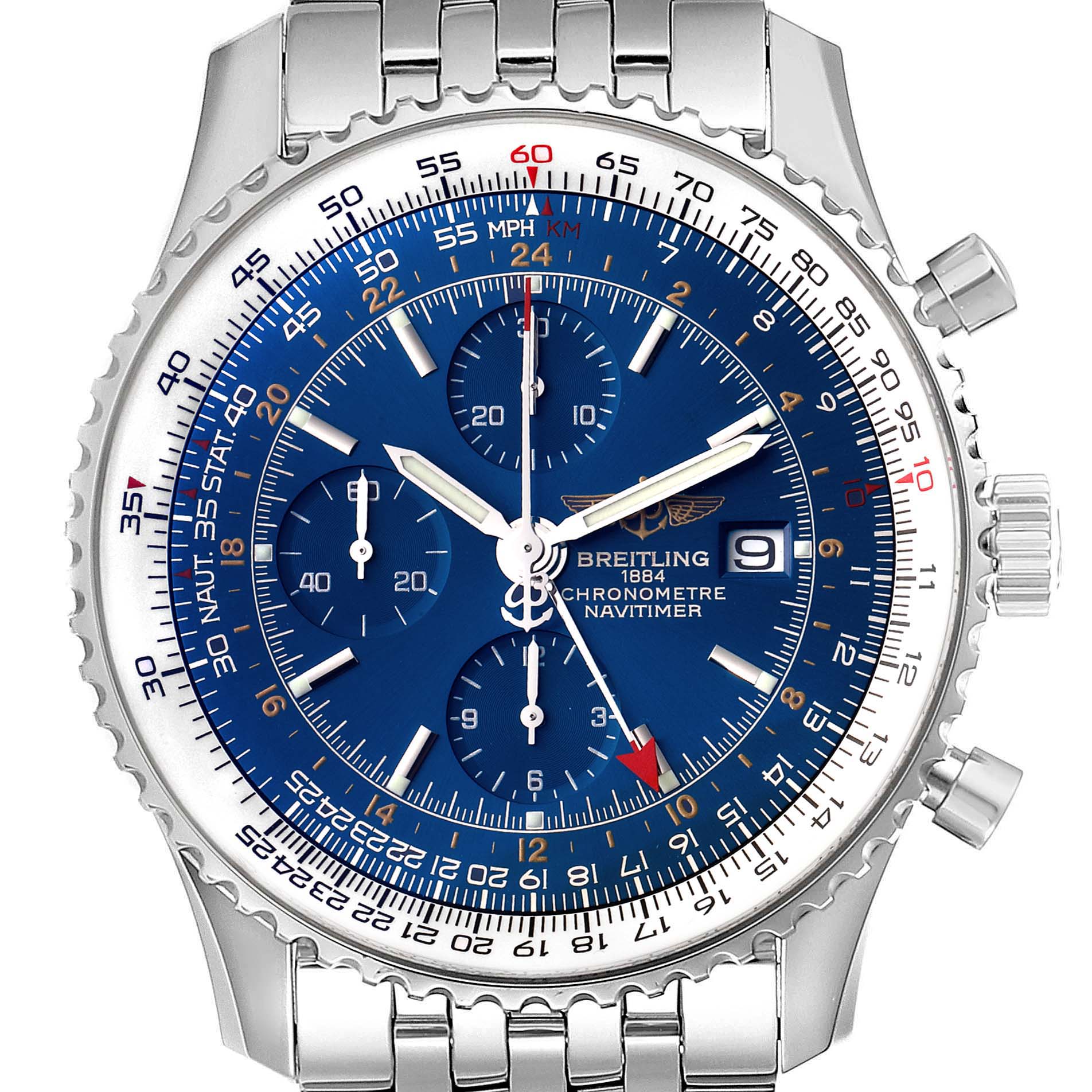 This image shows the dial, bezel, bracelet, and crown of a Breitling Navitimer A24322 Men
s Stainless Steel Blue Dial A24322 Men
s Stainless Steel Blue Dial watch, viewed from the front.