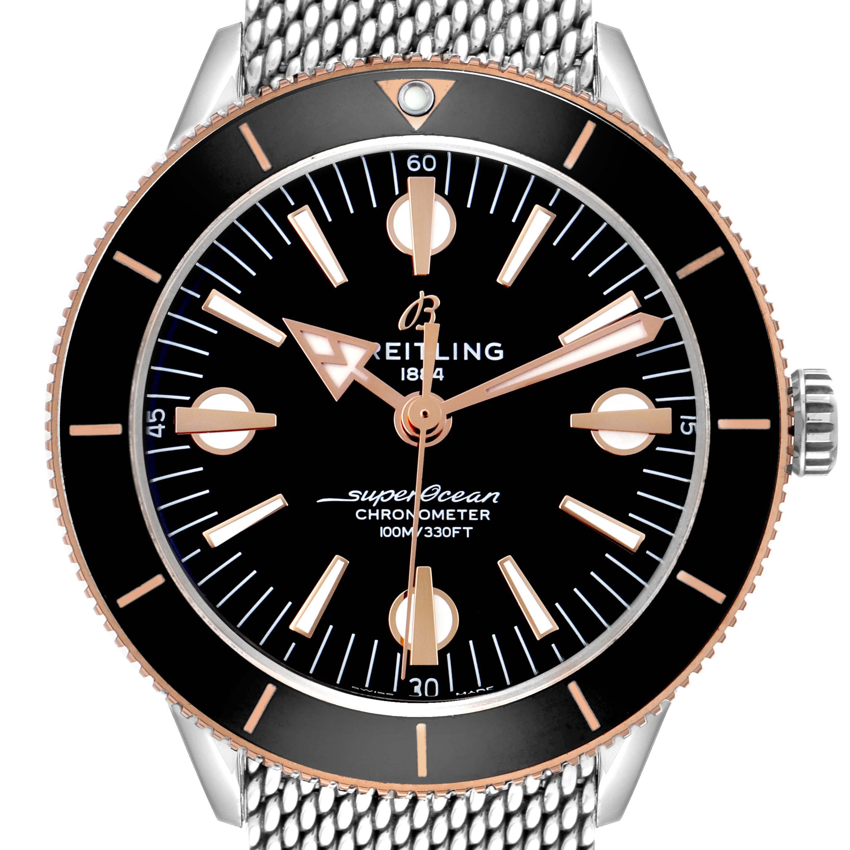 The Breitling Superocean U10370121B1A1 Men's Stainless Steel Black Dial watch is shown from the front, displaying its face, bezel, crown, and part of its metal mesh strap.