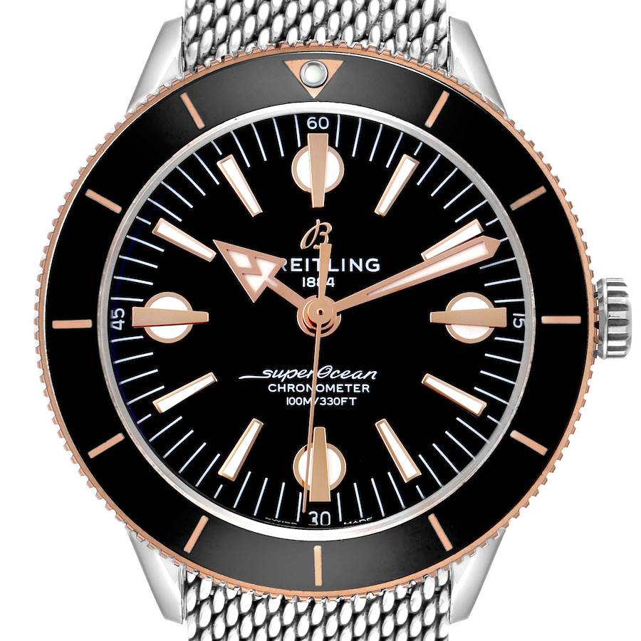 The Breitling Superocean U10370121B1A1 Men's Stainless Steel Black Dial watch is shown from the front, displaying its face, bezel, crown, and part of its metal mesh strap.