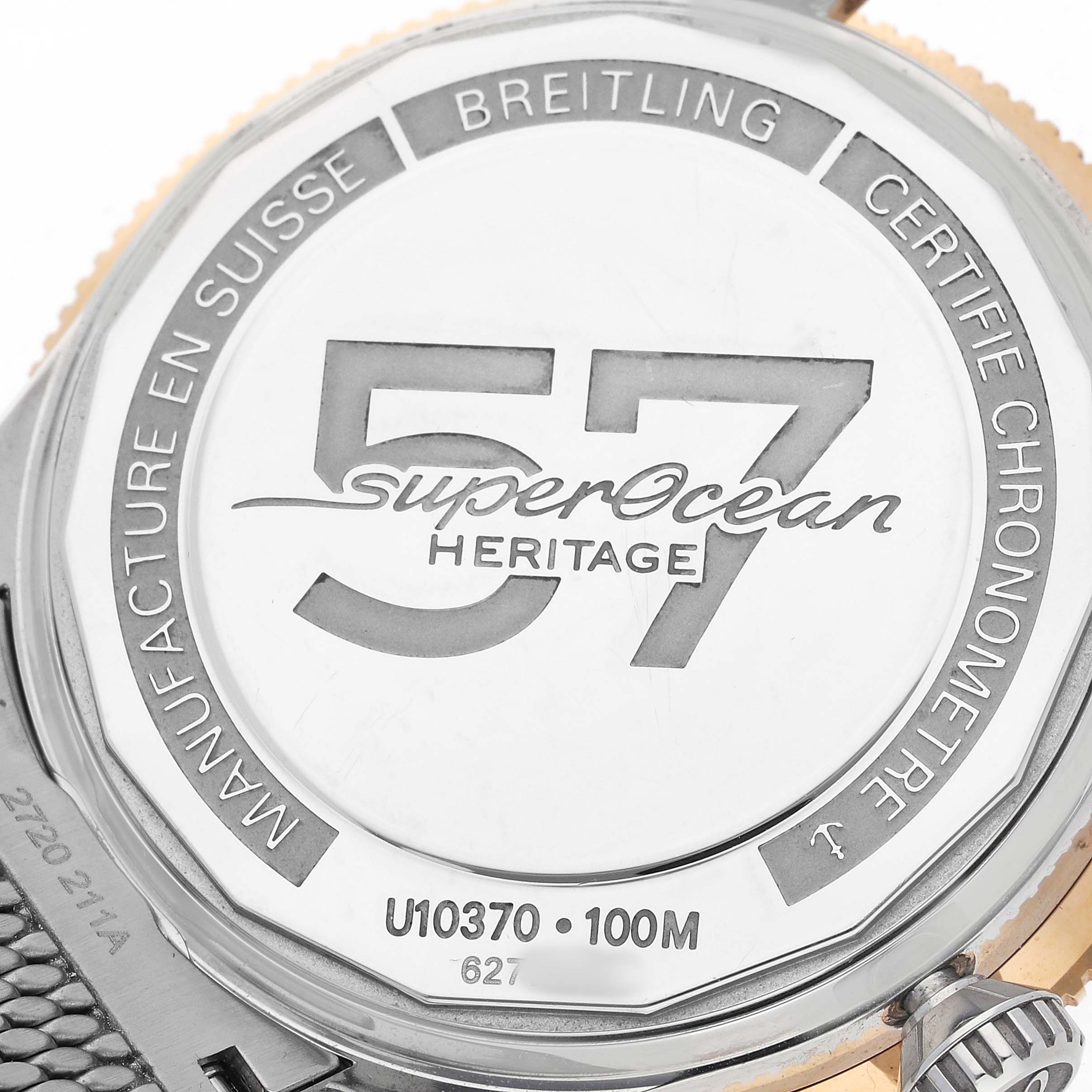 The image shows the back case of a Breitling Superocean U10370121B1A1 Men's Stainless Steel Black Dial watch, highlighting its model information and water resistance.