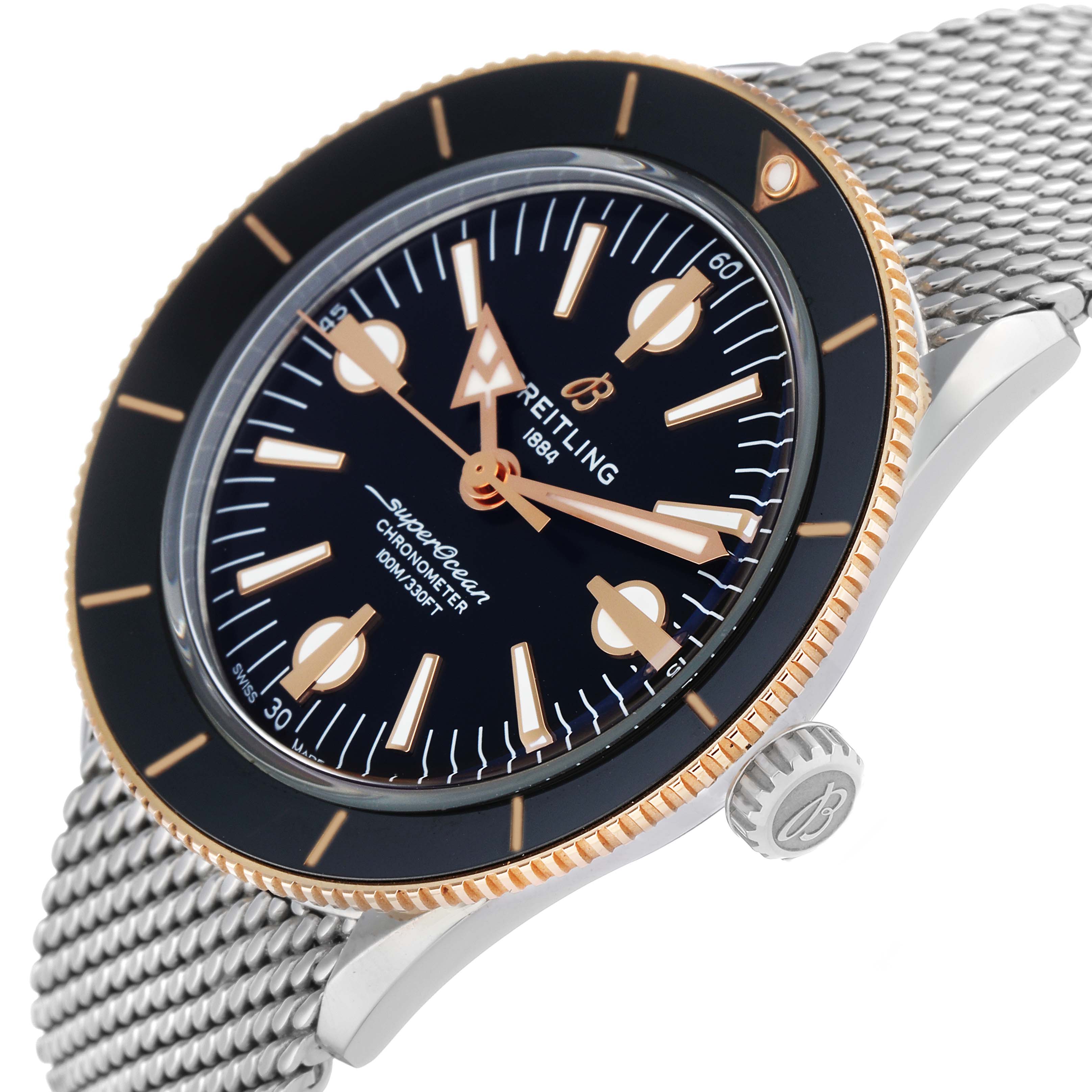 The Breitling Superocean U10370121B1A1 Men's Stainless Steel Black Dial watch is shown at an angle highlighting the face, bezel, and mesh bracelet.