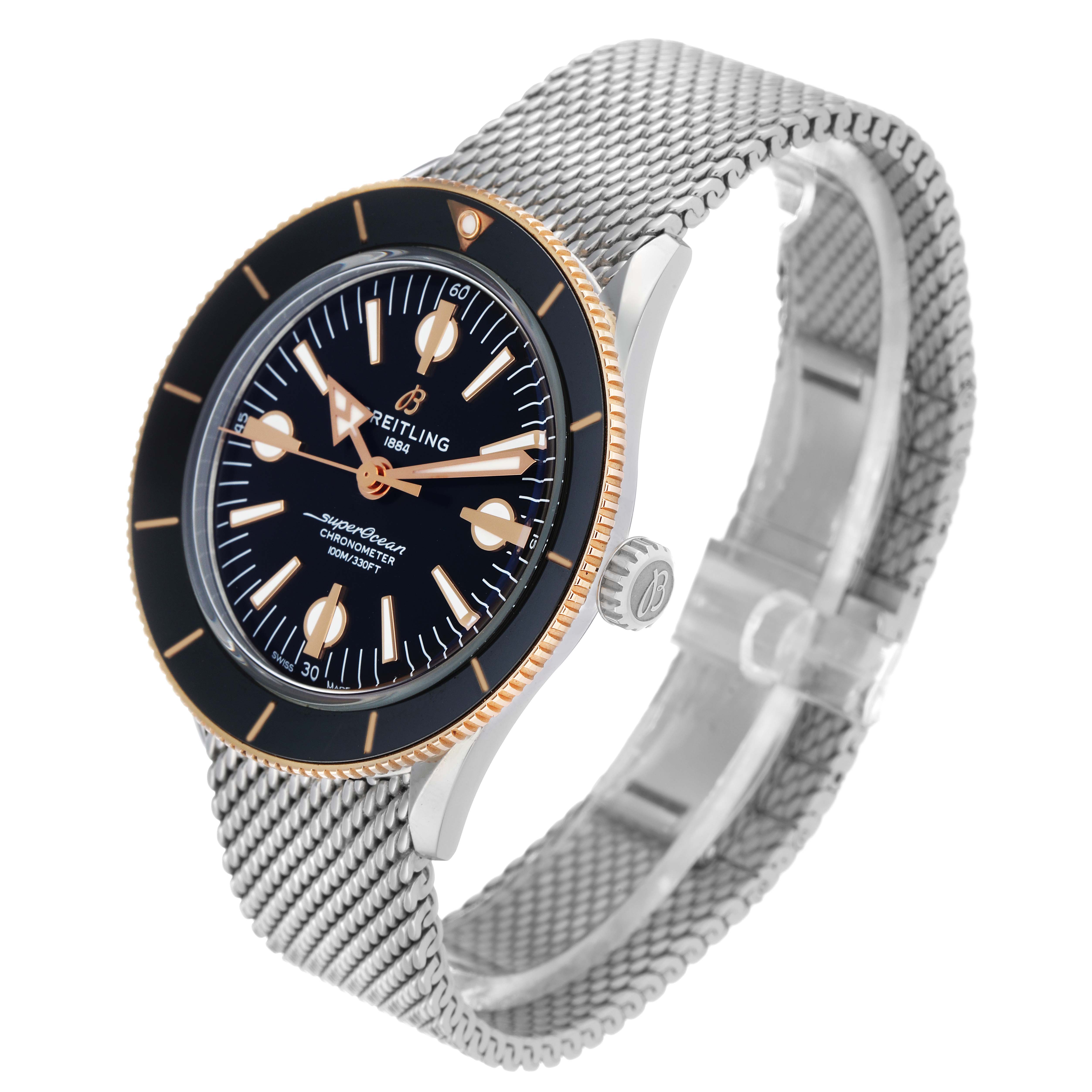 The Breitling Superocean U10370121B1A1 Men's Stainless Steel Black Dial watch is shown at a three-quarter angle, highlighting its face, bezel, crown, and mesh strap.