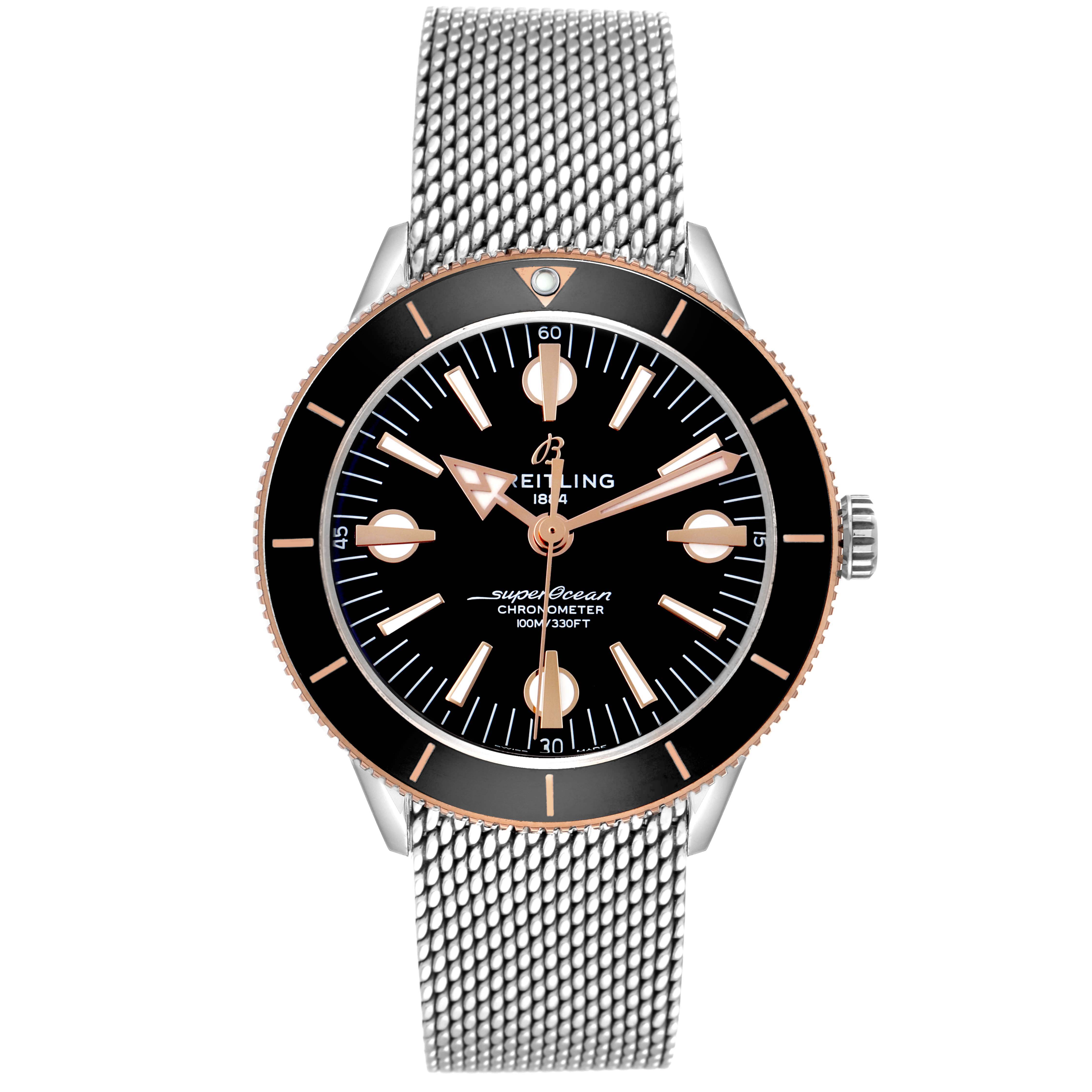 The Breitling Superocean U10370121B1A1 Men's Stainless Steel Black Dial watch is shown from the front, displaying its dial, bezel, and mesh bracelet.