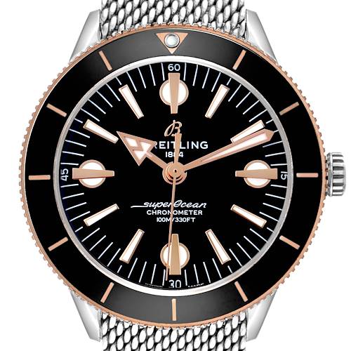 The Breitling Superocean U10370121B1A1 Men
s Stainless Steel Black Dial watch is shown front-on, featuring its bezel, dial, hands, indices, and a mesh bracelet.