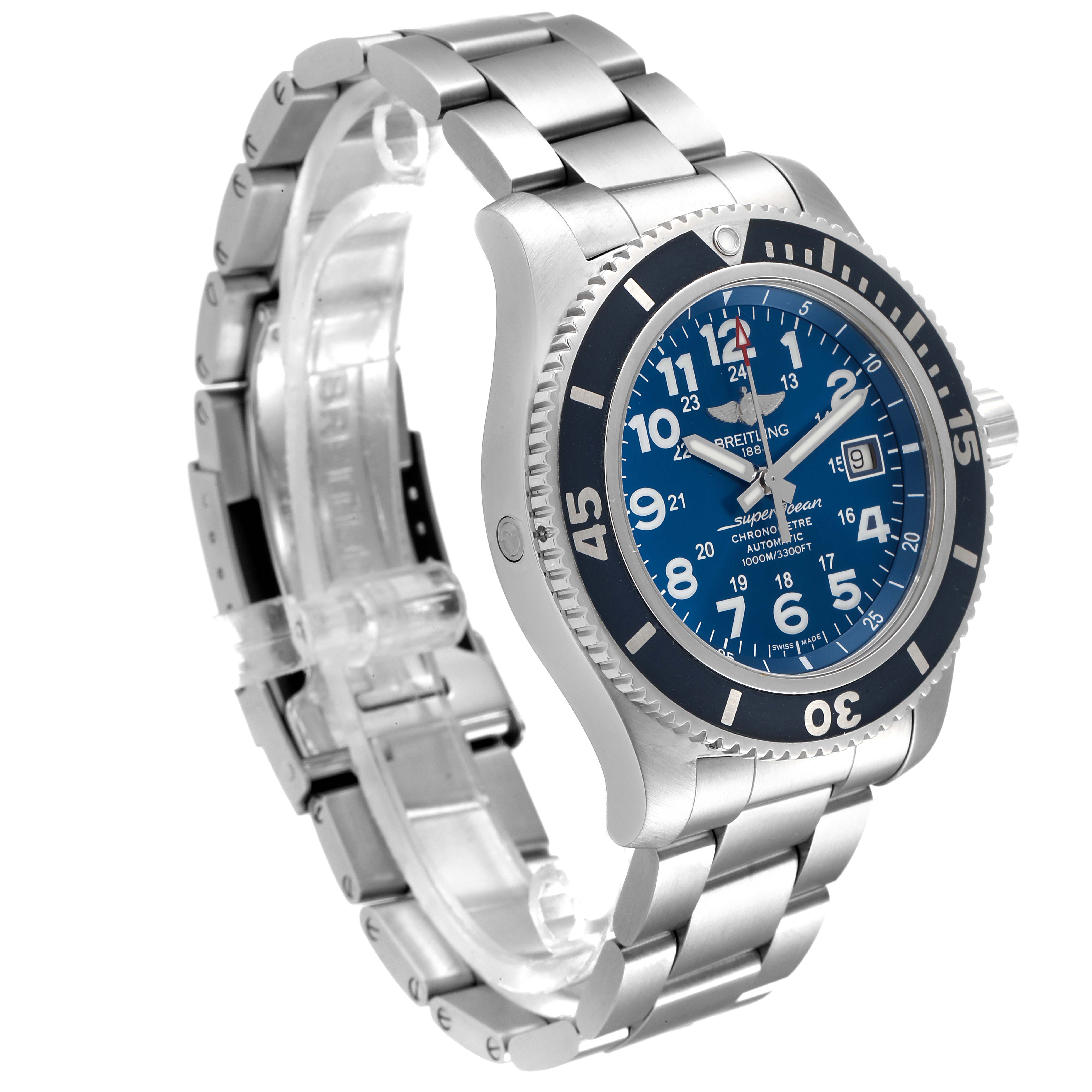 The image shows a Breitling Superocean A17392D8/C910 Men's Stainless Steel Blue Dial A17392D8/C910 Men's Stainless Steel Blue Dial watch angled to display its blue dial, bezel, and stainless steel bracelet.