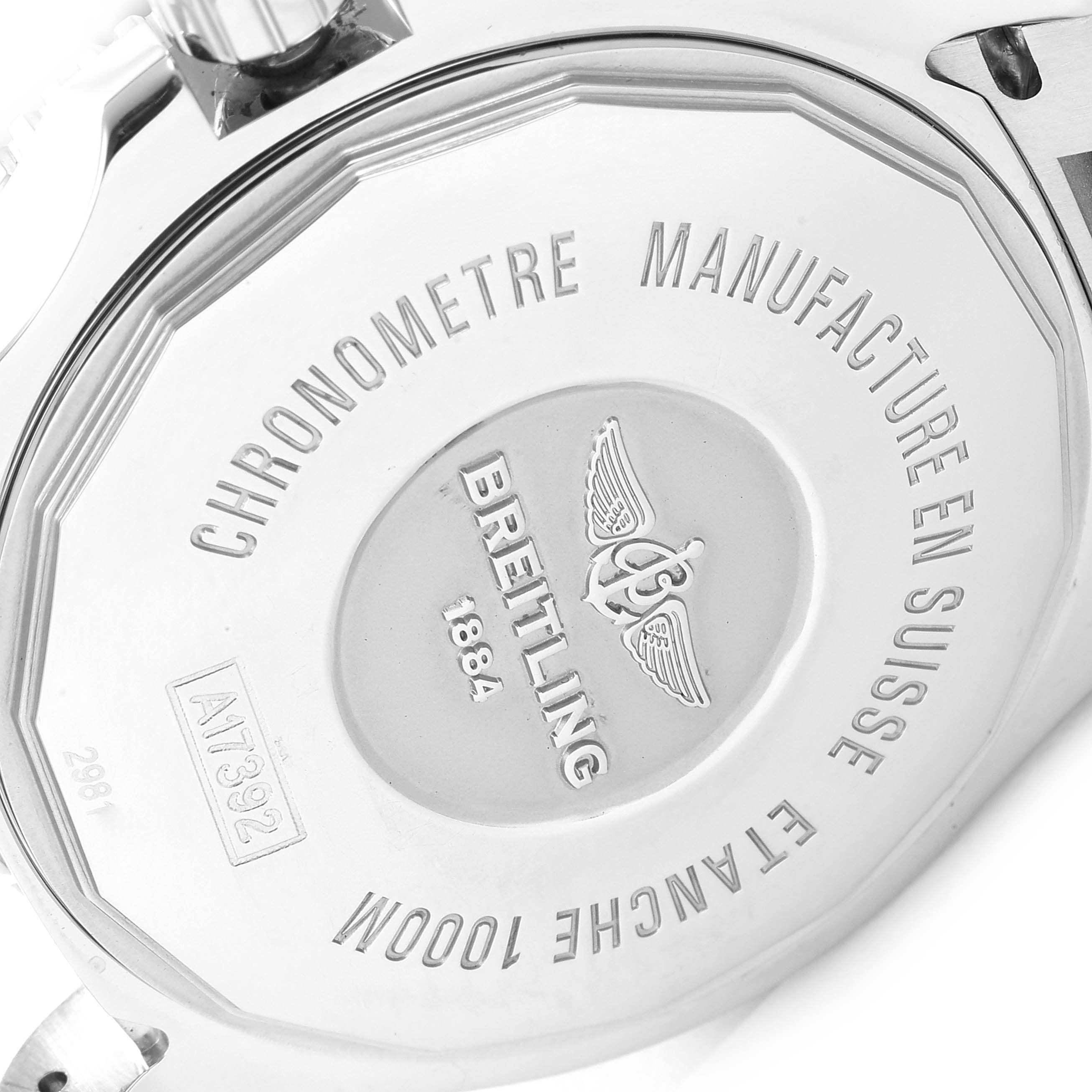 The image shows the back case of a Breitling Superocean A17392D8/C910 Men's Stainless Steel Blue Dial A17392D8/C910 Men's Stainless Steel Blue Dial watch, highlighting engravings and the crown side.