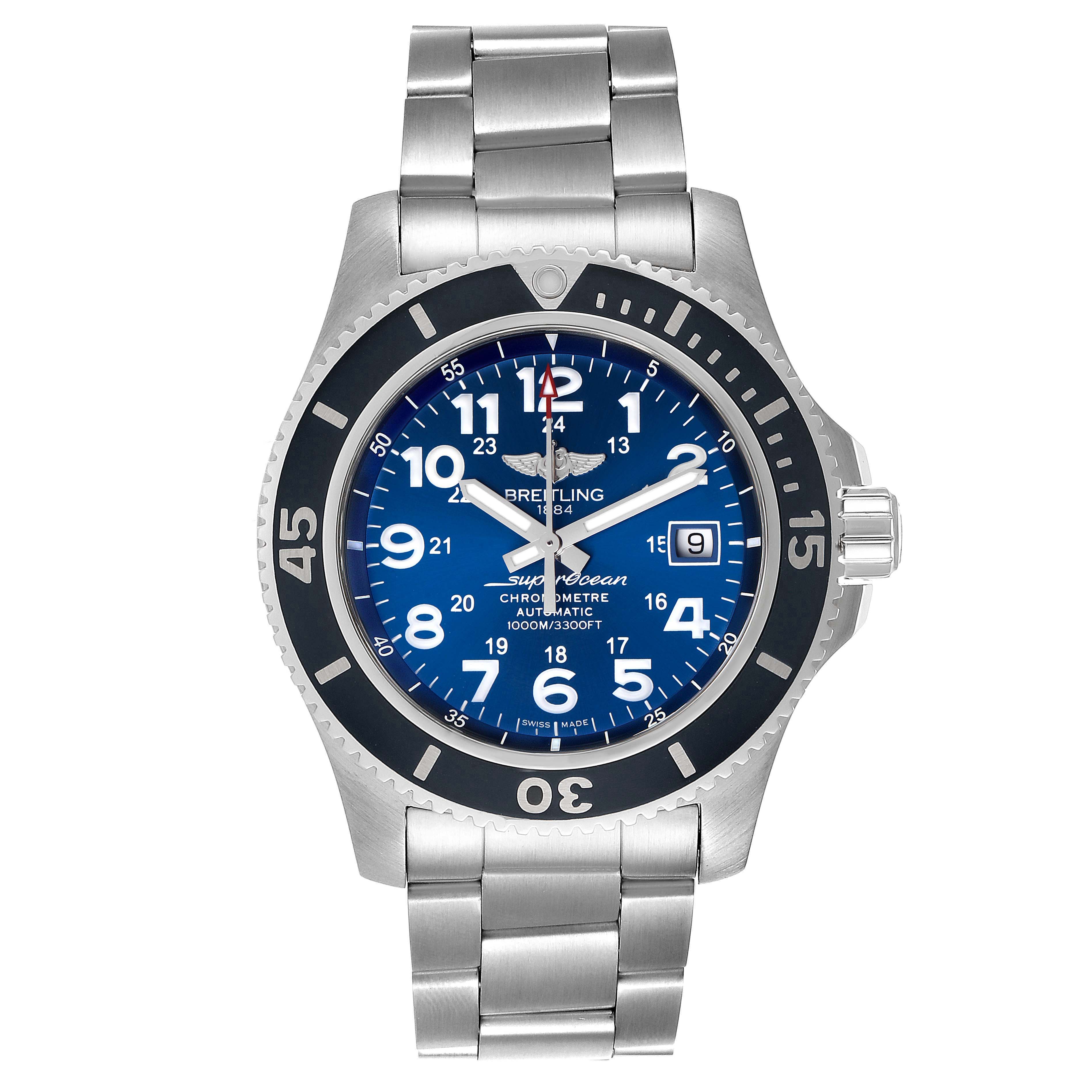 This image shows a front view of a Breitling Superocean A17392D8/C910 Men's Stainless Steel Blue Dial A17392D8/C910 Men's Stainless Steel Blue Dial watch with a blue dial and stainless steel bracelet.